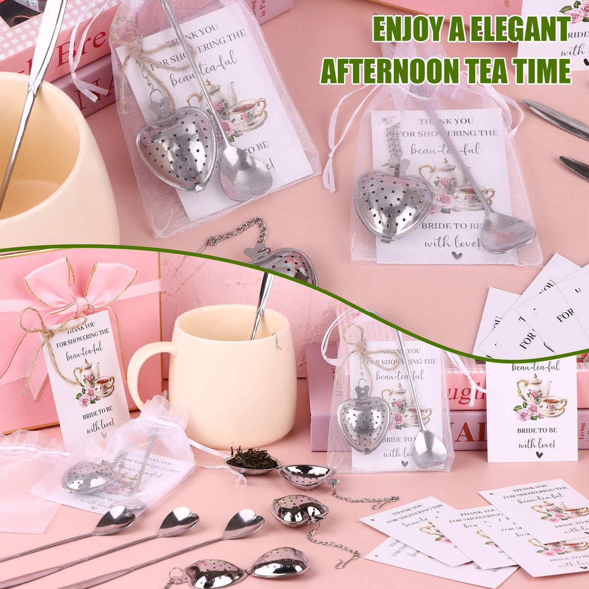 32 Sets Bridal Shower Tea Party Favors for Guest Heart Tea Infuser Tea Spoon Tea Steeper for Loose Tea with Thank You Cards Organza Bags and Hemp Rope for Wedding Gift Souvenirs, No Tea (Silver)