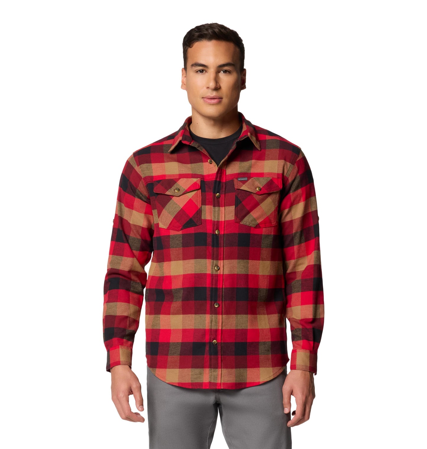 Columbia Men’s Bearmouth Springs Roll Up Flannel Long Sleeve Shirt, Red Jasper Buffalo Check, Large
