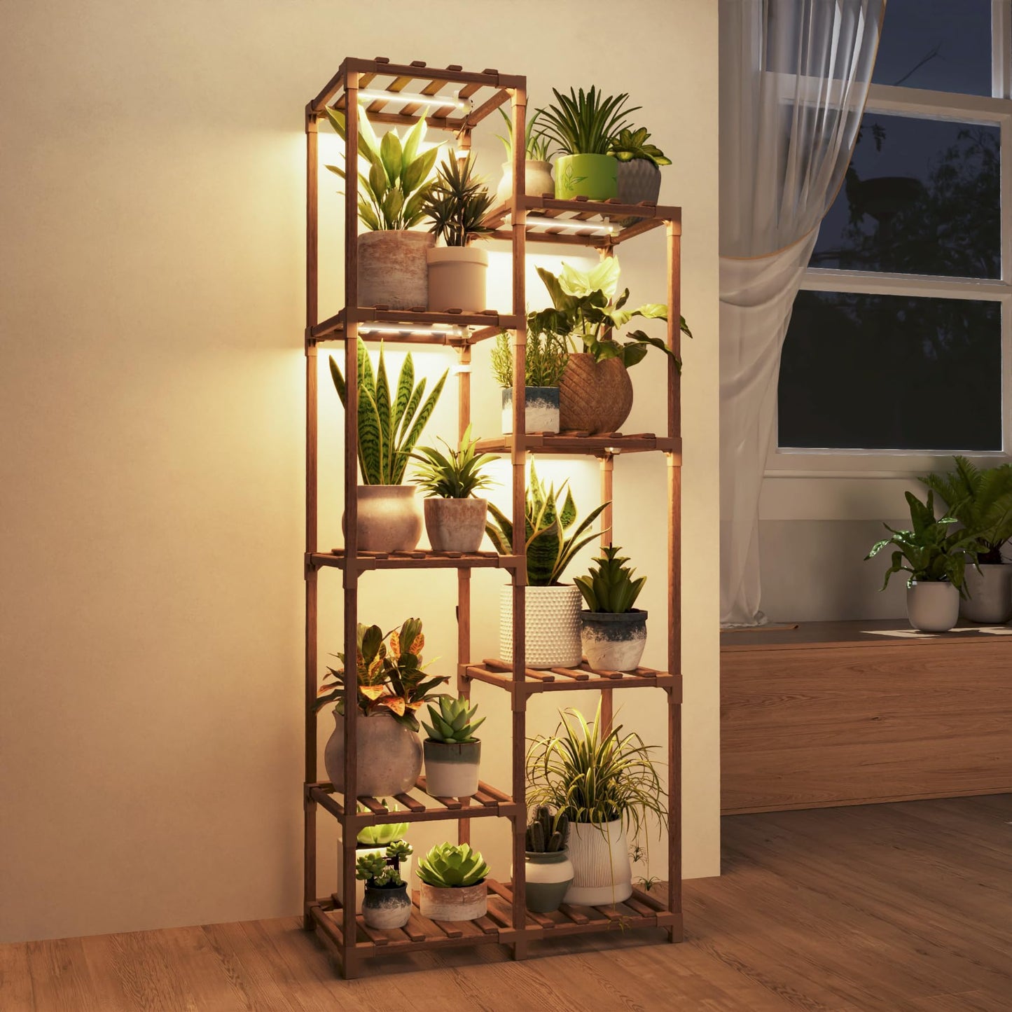 Bamworld Plant Stand Indoor Grow Light Tall Plant Shelf for Mutiple Pots Large Wood Plant Holder Rack for Patio Living Room Balcony Warm Light