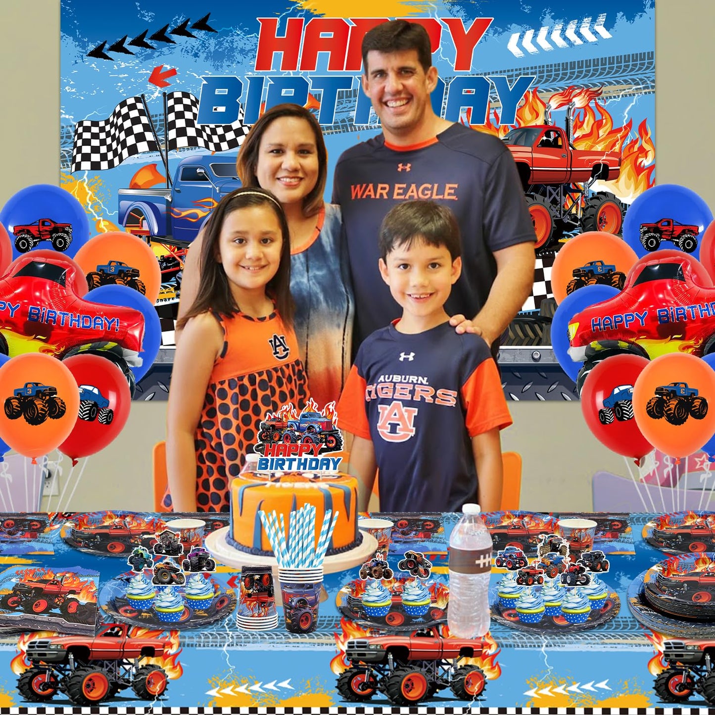 KEFAN Monster Truck Birthday Party Decorations, Monster Truck Birthday Party Supplies including Backdrop, Plates, Cups, Napkins, Tablecloth, Balloons for Boys Birthday Party (Background)