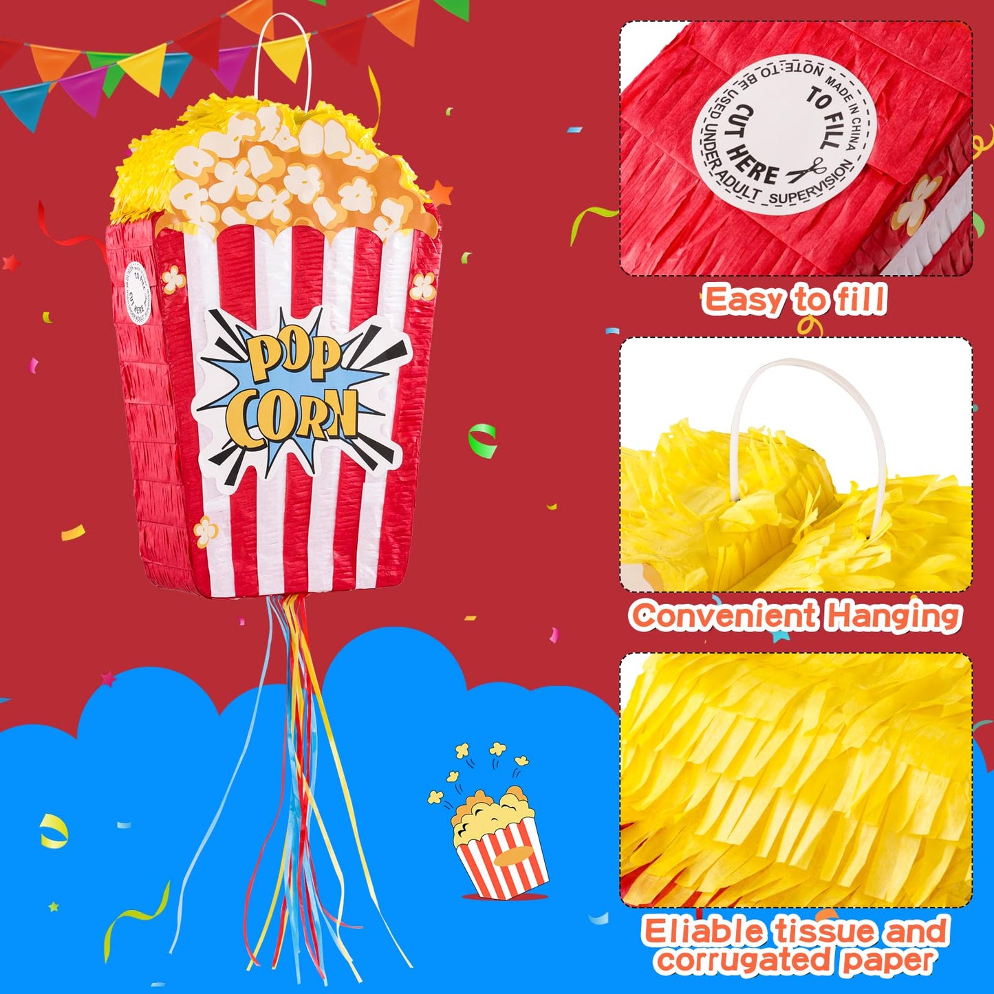 VINTS Popcorn Piñata for Birthday Carnival Circus Parties Great Party Addition for Boys Grils Holiday Celebration (16.9×11.8×3.54in)