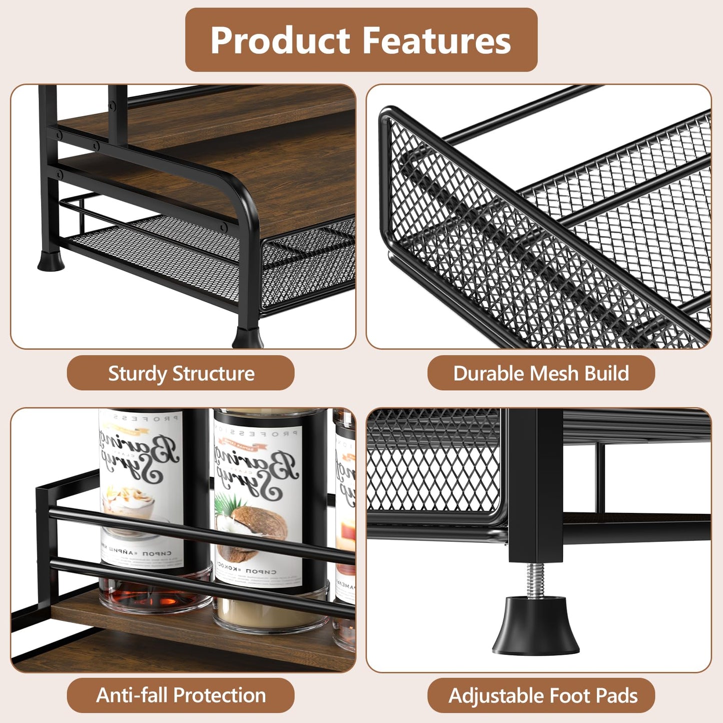 Coffee Syrup Rack Organizer, 3-Tier 8 Bottles Syrup Rack with 35 K Cup Storage Basket Coffee Bar, Countertop Bottle Holder Stand for Wine, Dressing for Kitchen Cafe Station