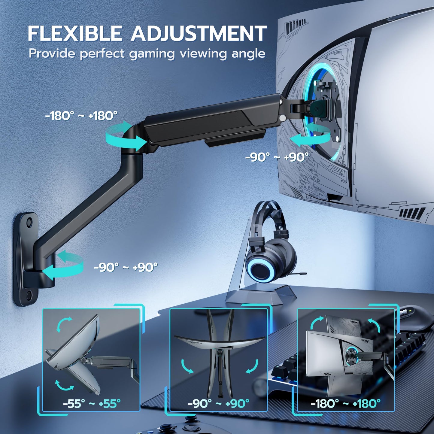 ARES WING Single Monitor Wall Mount for 17-40 Inch Ultrawide Screens, Heavy Duty Monitor Arm Up to 26.5 lbs, Fully Adjustable Wall Mount, VESA 75x75/100x100 Compatible, Black