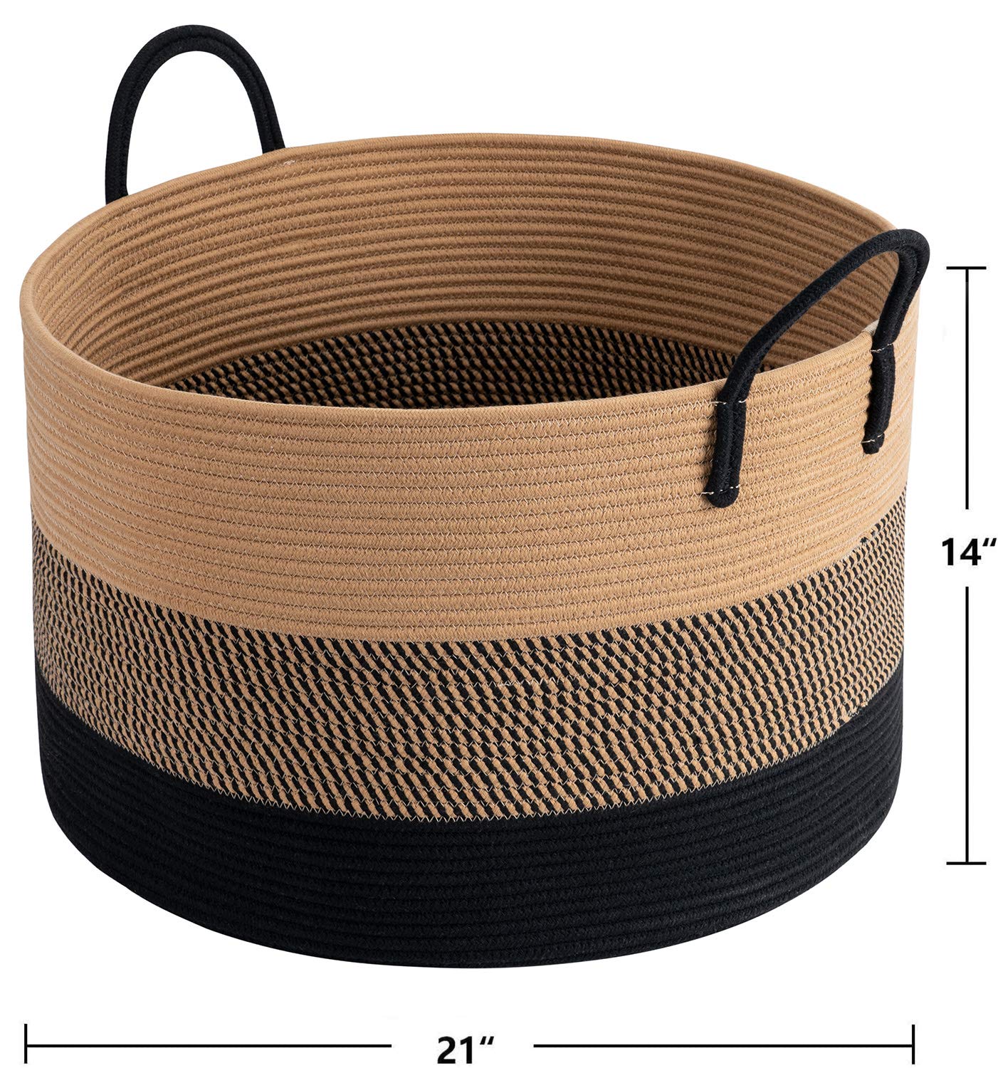 Goodpick XXXLarge Cotton Rope Basket, 21" x 14", Woven Blanket Storage Basket for Living Room Laundry Basket for Pillows Toys Clothes Hamper Wicker Basket with Handles, Black Jute Stripes
