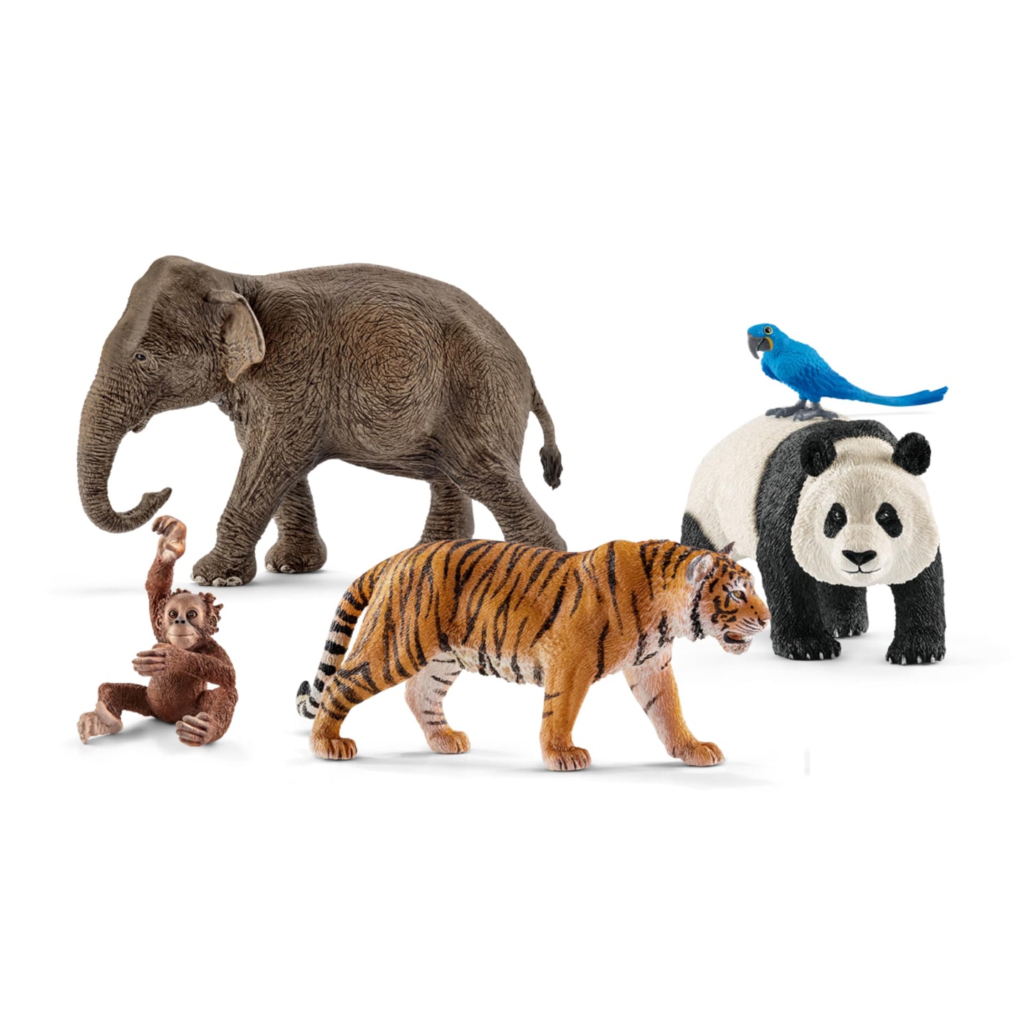 schleich Wild Life - 5PC Wild Animal Toy Set - Jungle Safari Bundle with Panda, Macaw, Baby Orangutan, Elephant, and Tiger Figurine - Realistic Wildlife Figures for Screen-Free Play - Kids 3+ | 77588