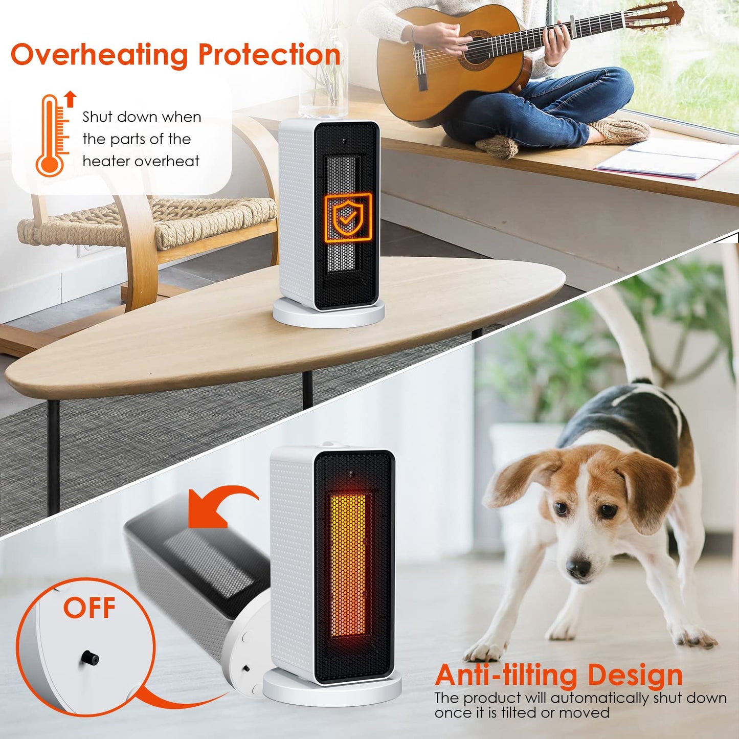 Qoosea Electric Space Heater for Indoor Use Oscillation Electric Space Heater Portable Ceramic Heater with Thermostat Fast Heating Ultra Quiet Small Space Heater for Office Home Room 1200W/600W