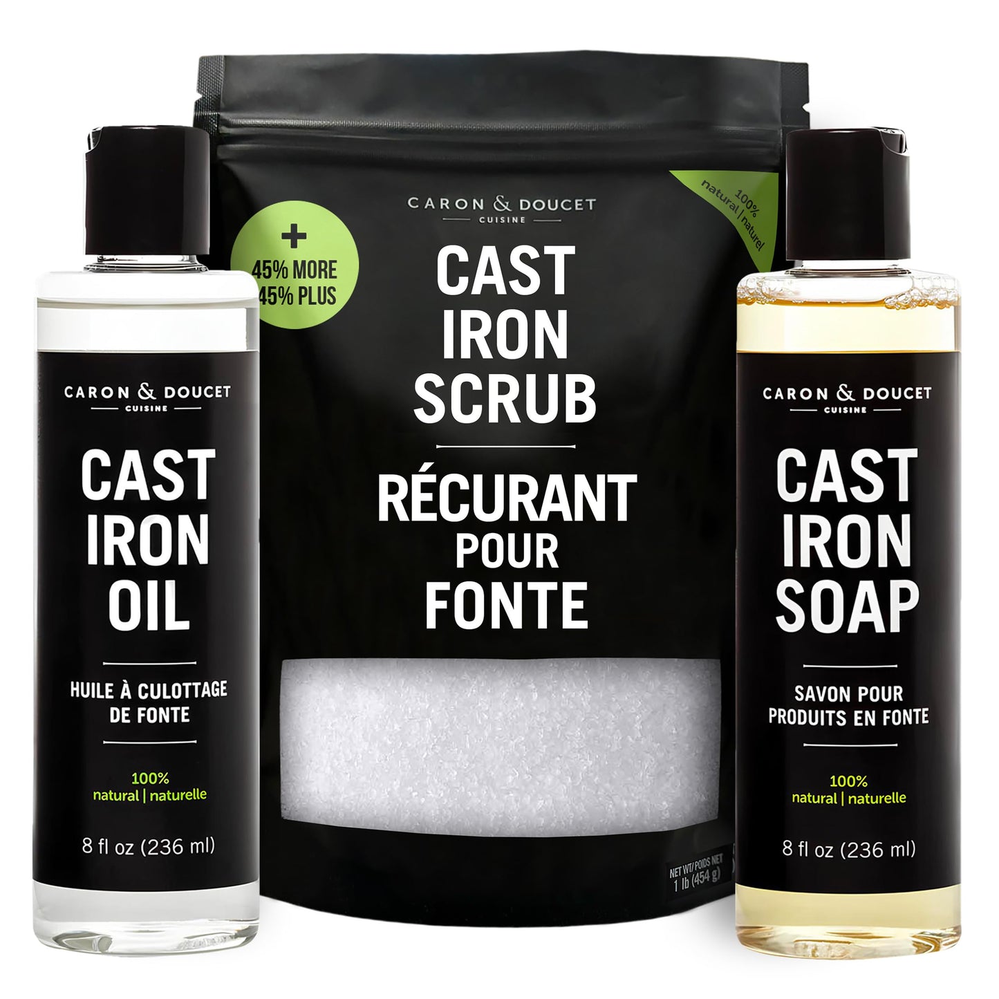 CARON & DOUCET – New Ultimate Cast Iron Set: Seasoning Oil, Cleaning Soap & Restoring Scrub | 100% Plant-Based & Best for Cleaning Care, Washing, Restoring & Seasoning Skillets, Pans & Grills!
