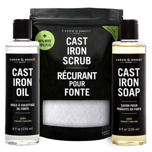 CARON & DOUCET – New Ultimate Cast Iron Set: Seasoning Oil, Cleaning Soap & Restoring Scrub | 100% Plant-Based & Best for Cleaning Care, Washing, Restoring & Seasoning Skillets, Pans & Grills!