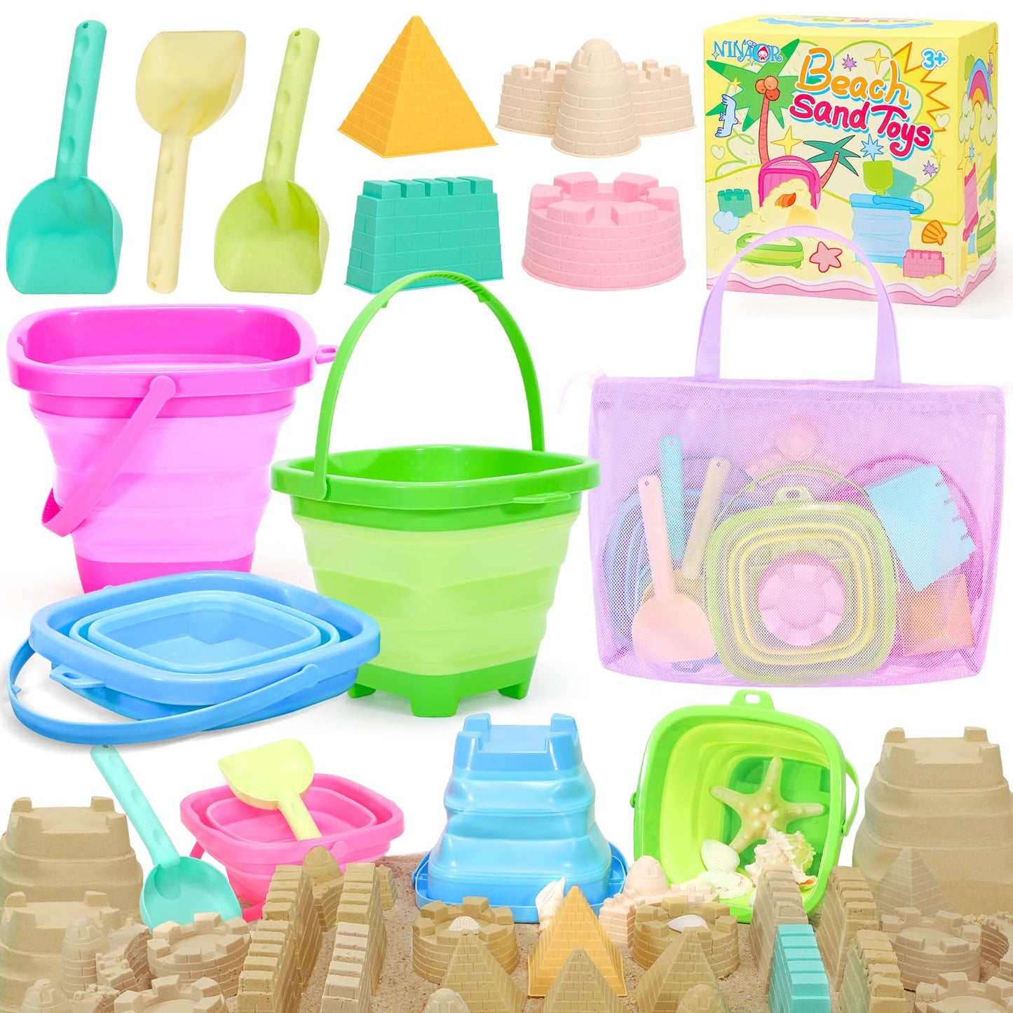 NINAOR Collapsible Beach Toys with Beach Bag, Collapsible Bucket Rake Shovel Beach Essentials for Toddler Toys Play Sandbox Camping Vacation Outdoor Games Sand Toys for Kids Beach Travel