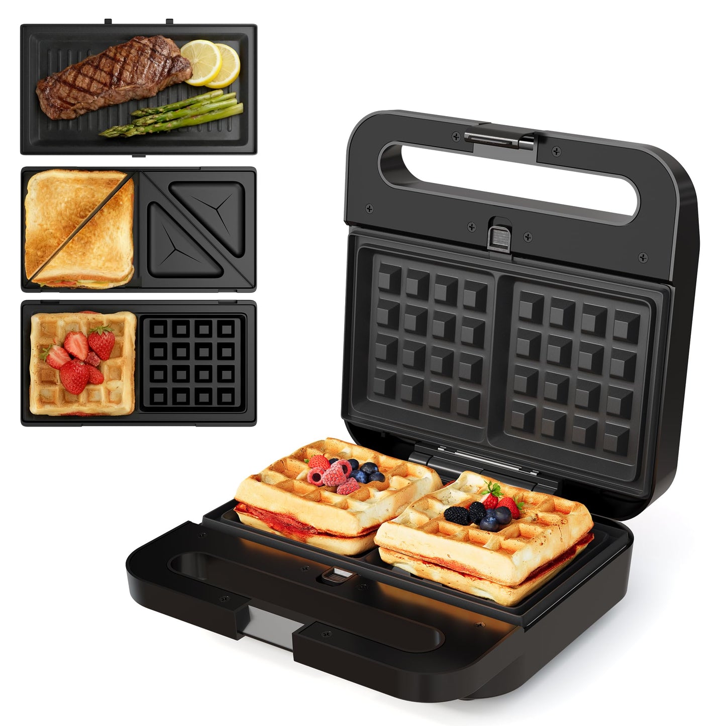 Sunvivi 3 in 1 Sandwich Maker, Electric Waffle Maker with Removable Non-stick Plates, 1000W Panini Press Grill with Glass Top, Cool Touch Handle & Easy to Clean, Black