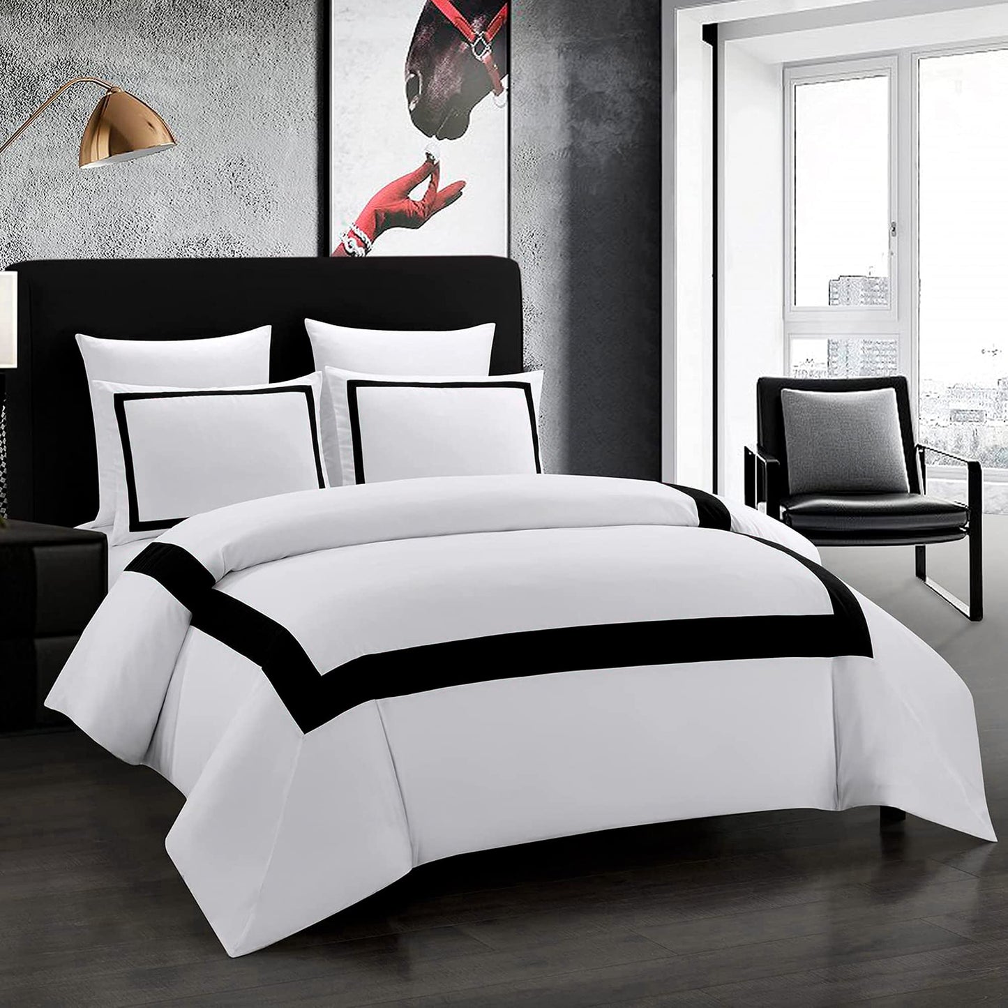 OSVINO Hotel Duvet Cover Set 3Pcs Microfiber Line Pattern Pillowcases Ultra Soft Breathable Bedding Comforter Quit Cover with Pillowcases, Black, Full/Queen
