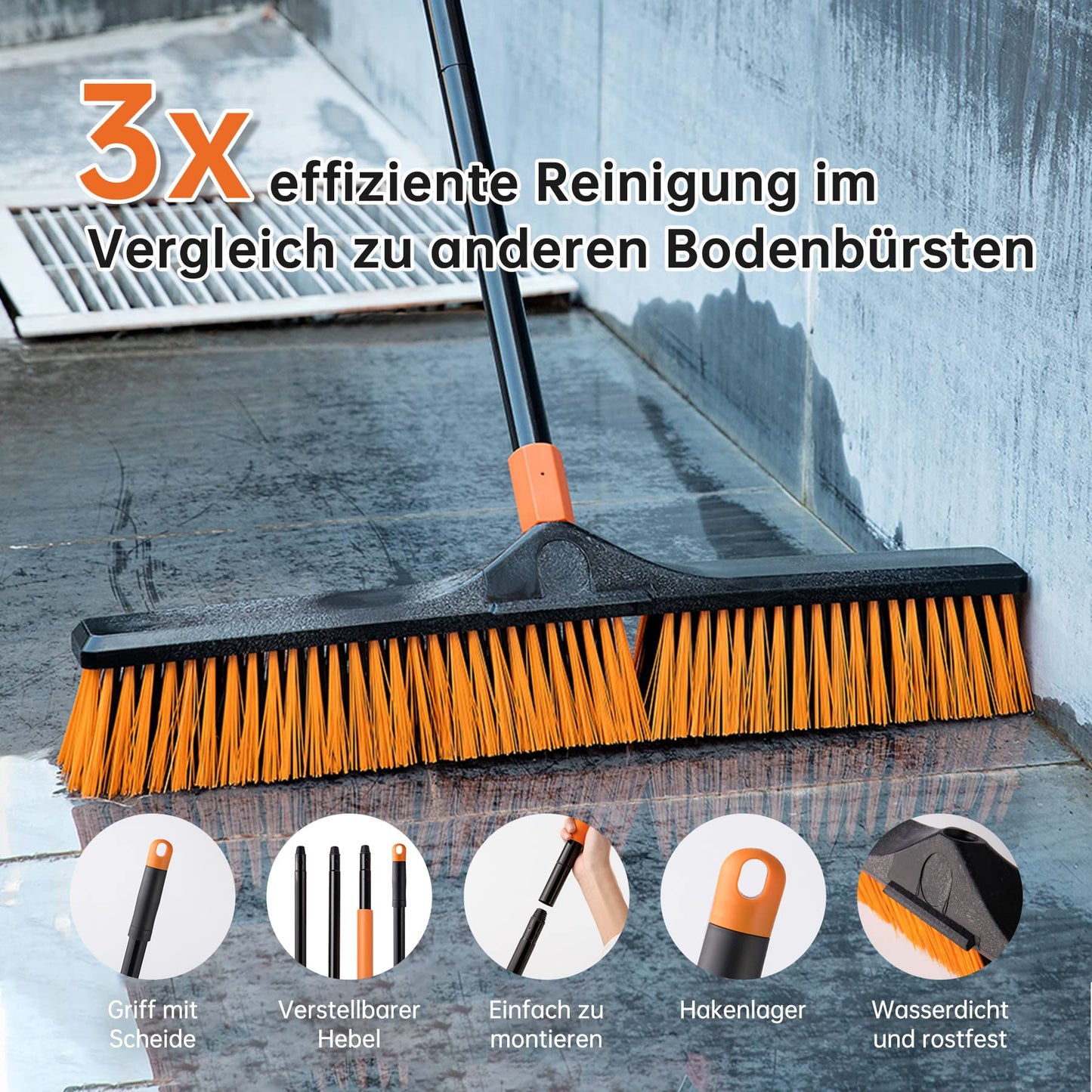 CLEANHOME 24”Push Broom Brush for Floor Cleaning with 65” Long Handle and Stiff Bristles, Heavy Duty Brush for Shop, Deck, Garage, Concrete,Indoor and Outdoor Broom 2 Set,Orange