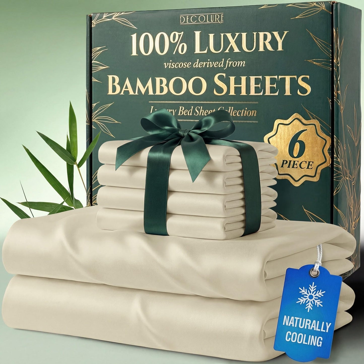 DECOLURE 100% Organic Viscose Derived from Bamboo Sheets Full Size 6pcs - Ultra Soft & Luxuriously Cooling, 17" Deep Pocket, Double Stitching, Perfect for Hot Sleepers - Full Bed Sheets (Creme)