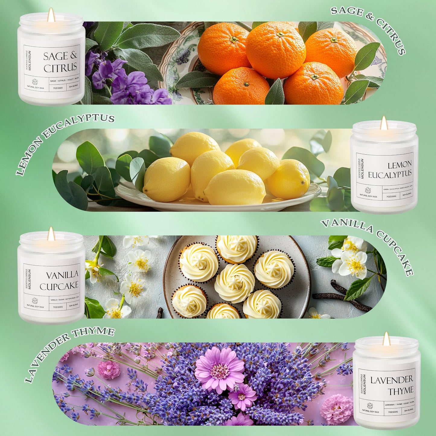 4 Pack Candles for Home Scented, 28 oz 200 Hour Long Lasting Candles, Aromatherapy Jar Candle Set, Soy Candles Gift for Women, Scents of Lavender Thyme/Lemon Eucalyptus/Sage &Citrus/Vanilla Cupcake