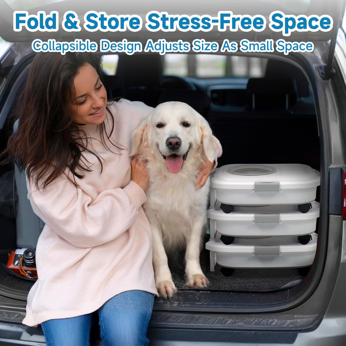 Adorabby Dog Food Storage Container, 25-30Lbs Travel Collapsible Pet Food Container with Airtight Lids, Wheels, Scoop, Handle for Dog/Cat/Bird/Rice Food,Keep Dry Food Fresh,Easy to Move, White