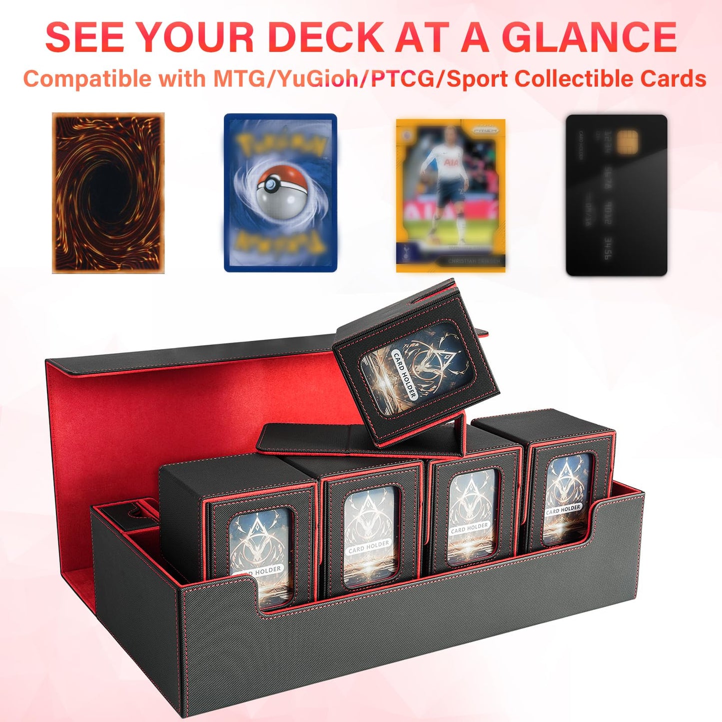 Jaffzora Card Deck Box for MTG Commander, Large 6 in 1 Card Storage Display Case with 5PCS TCG Deck Boxes & Dice Tray, Holds 2400+ Unsleeved Trading Cards (Black&Red Set)