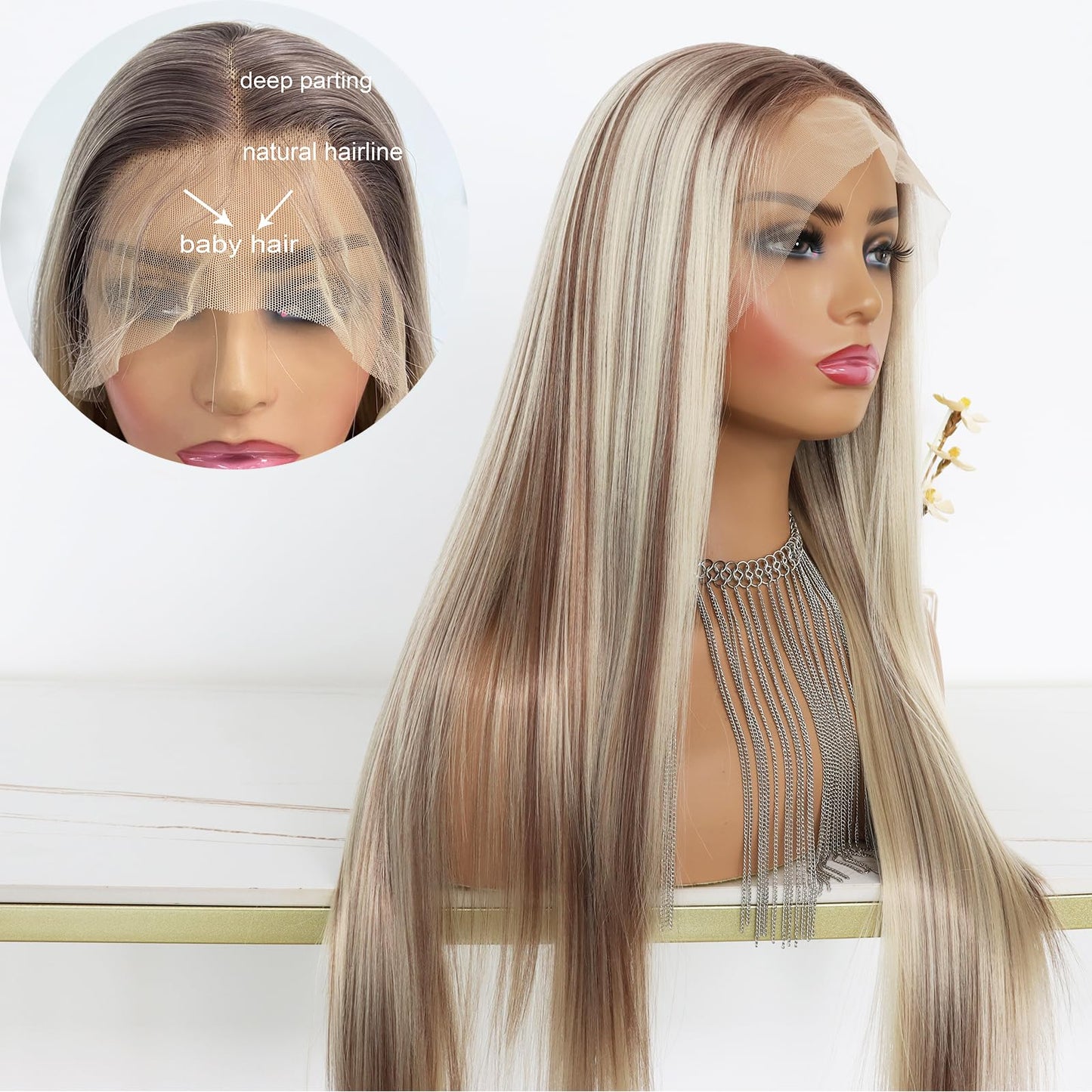 MACA BAKA Highlight Ash Blonde Lace Front Wig Long Straight Glueless Ombre Brown Mixed Blonde 13x4 Synthetic Lace Front Wigs for Women 150 Density 24 Inches