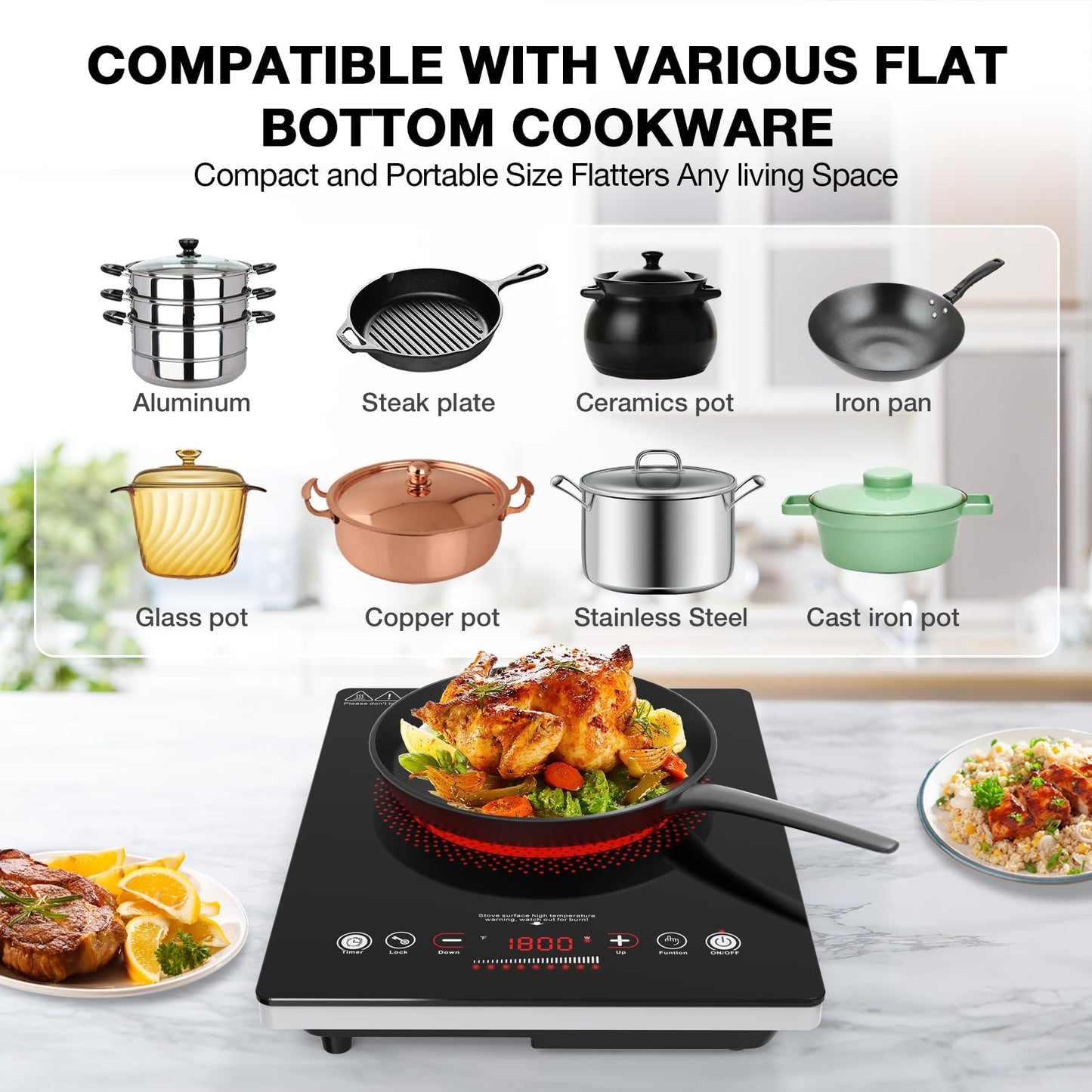 VBGK Single Burner Electric Cooktop,110V 1800W Electric Stove Top with LED Touch Control,Single burner 9 Power Levels, 4 h Timer, Safety Lock,Overheat protection