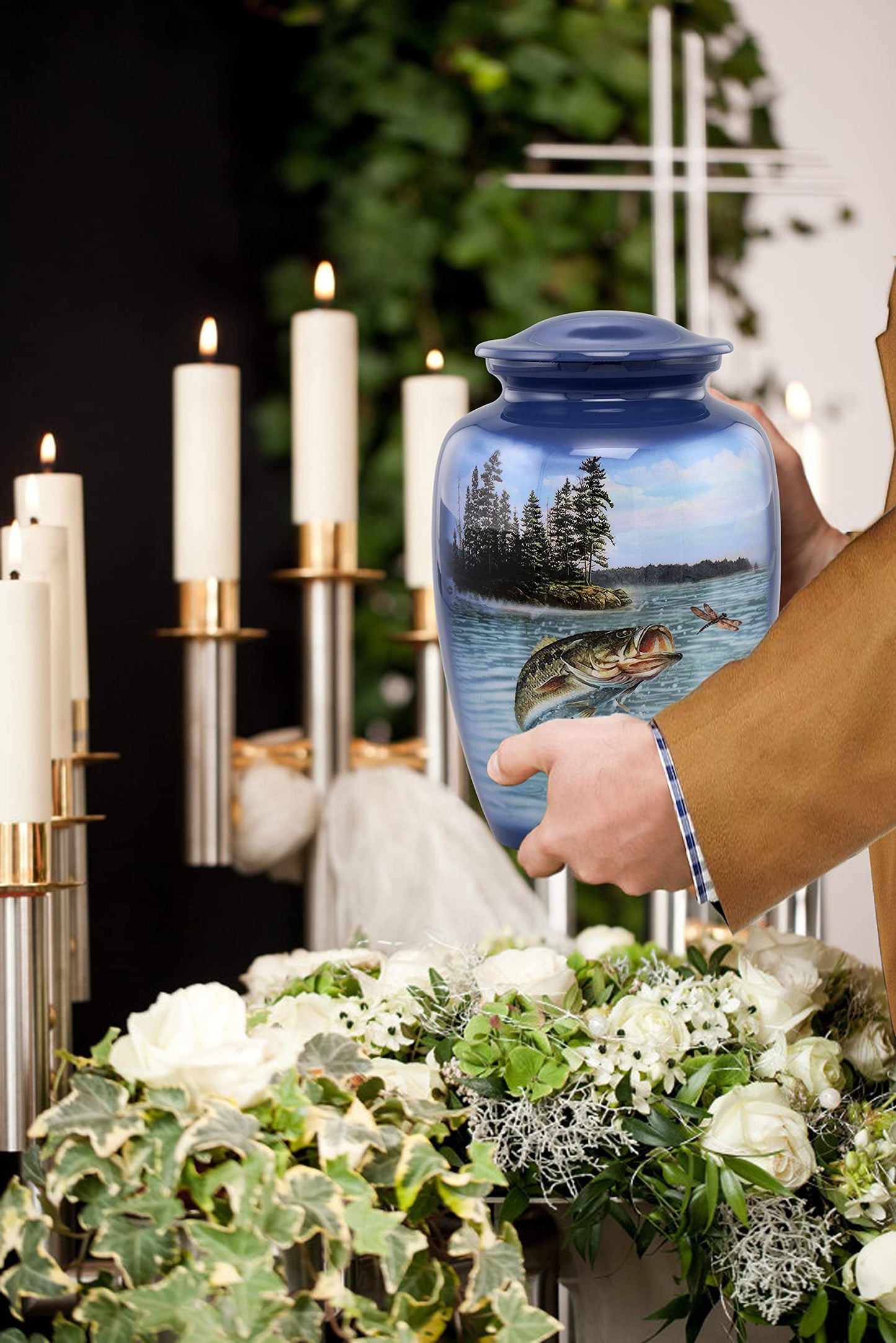 Bass Fishing Urn - Bass Fish Cremation Urn for Ashes - Adult Fishing Urn - Handcrafted Adult Bass Fish Funeral Urn - Fishing Memorial Urn with Velvet Bag (Large)