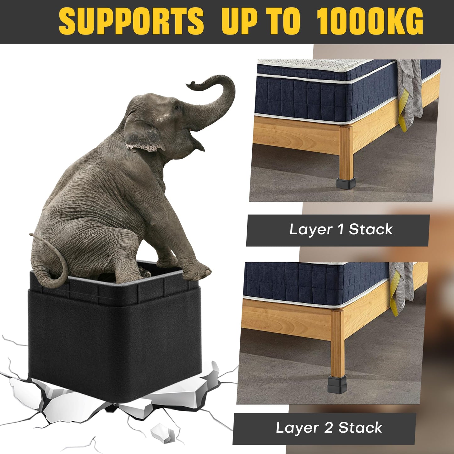 Teabelle 4 Pack Black Stackable Bed and Furniture Risers 3 Inch Heavy Duty Bed Lifts for Sofa Couch Chair Table Additional 3 or 6 Inch Height or Storage, Gift for Mothers Day