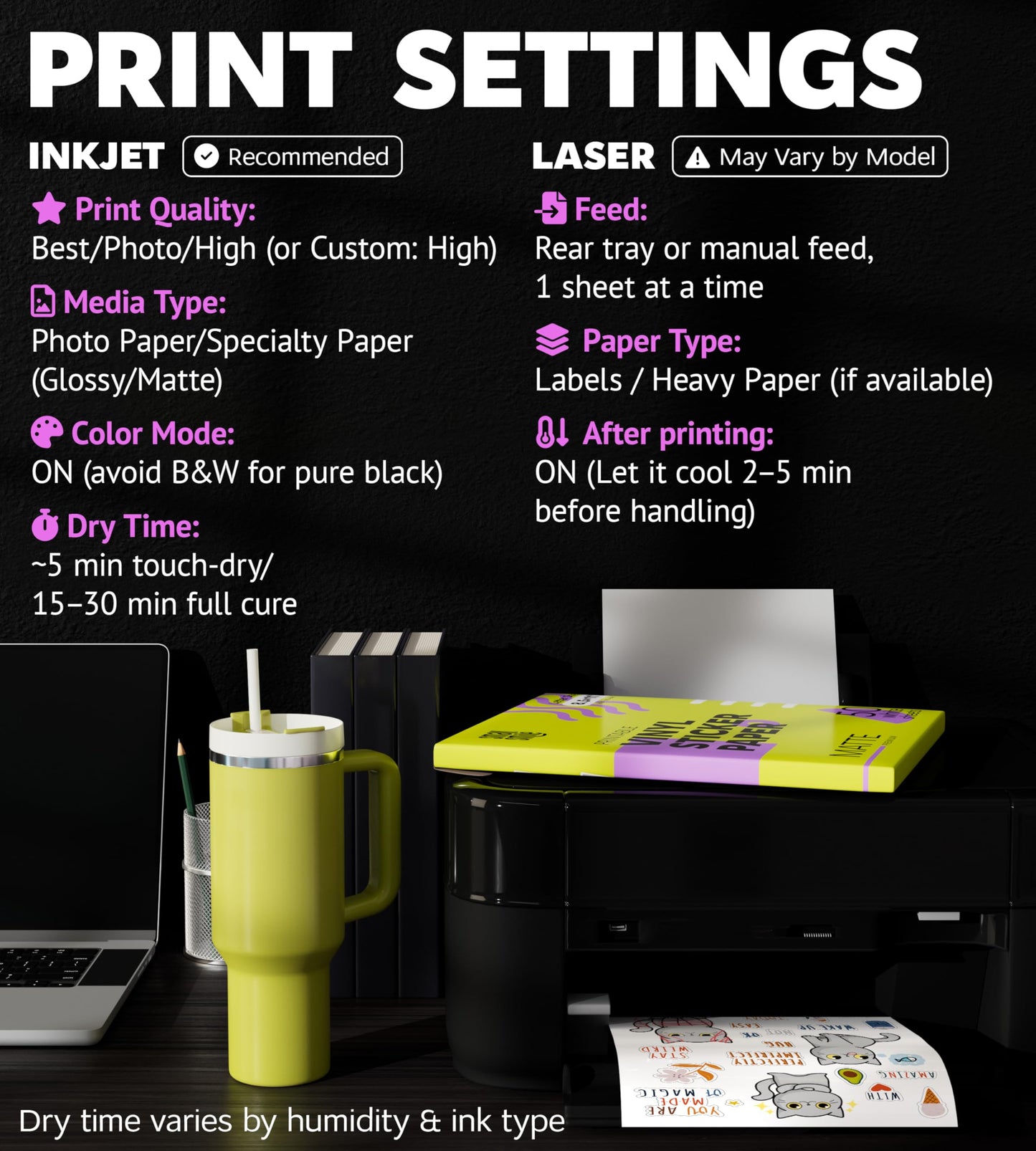 Premium Printable Vinyl Sticker Paper for Inkjet Printer and Laser - 50 White Matte Sticker Paper Waterproof - Durability Adhesive Paper 8.5 x 11, Fast Dry, Holds Ink Well, Great for Cutting Machines