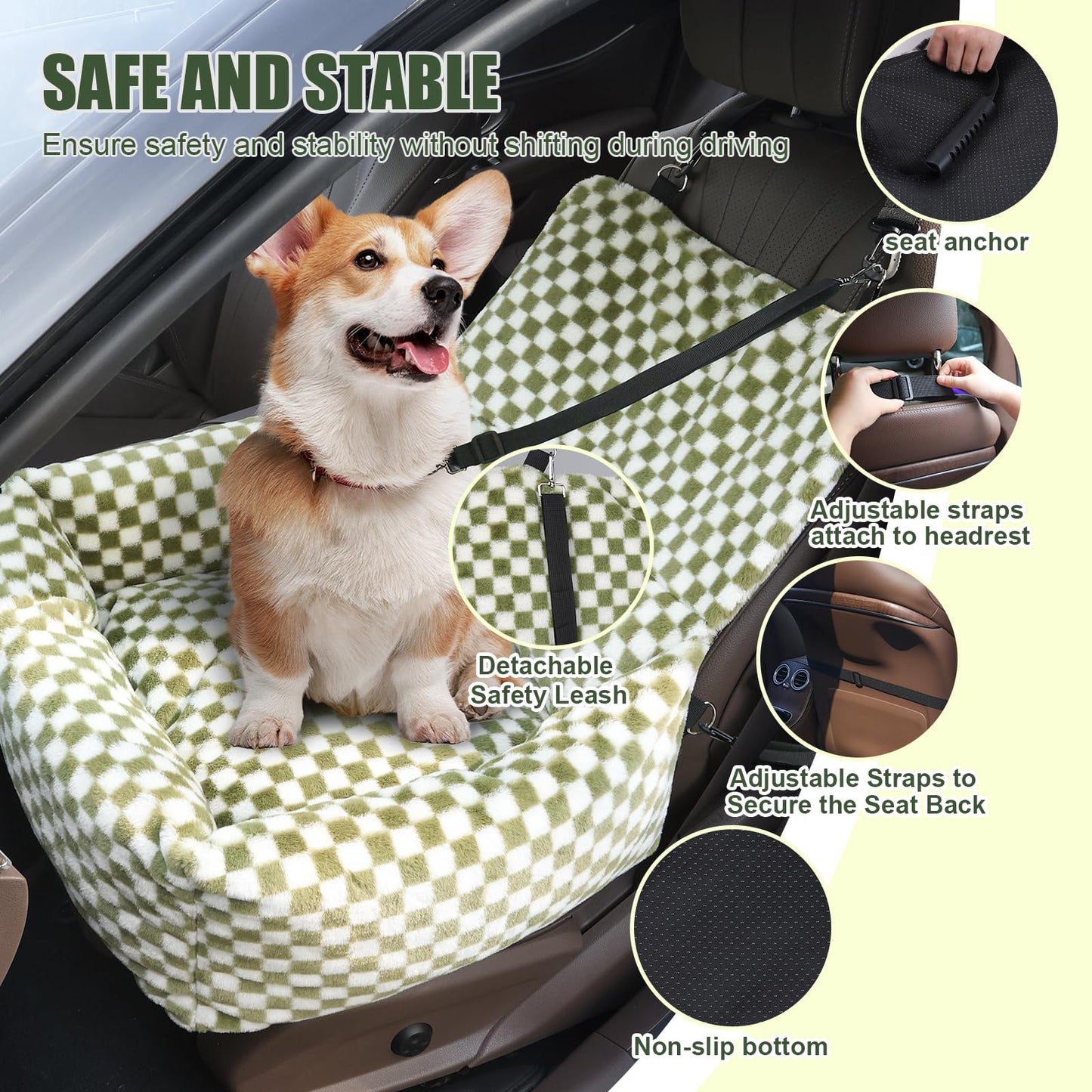 2-in-1 Dog Car Seat for Small Medium Dogs,Detachable Washable Dog Booster Car Seat with Thick Cushion for Dogs Up to 30lbs,Comfortable Soft Dog Bed for car with Safety Belts,Green
