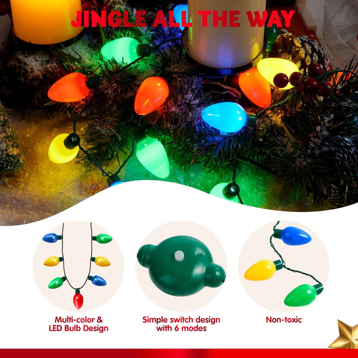 JOYIN 12 Packs Christmas LED Light Up Bulb Necklaces 9 Bulbs LED Necklaces Holiday Necklace Costume Accessories for Christmas Xmas Party Favor Party Supply