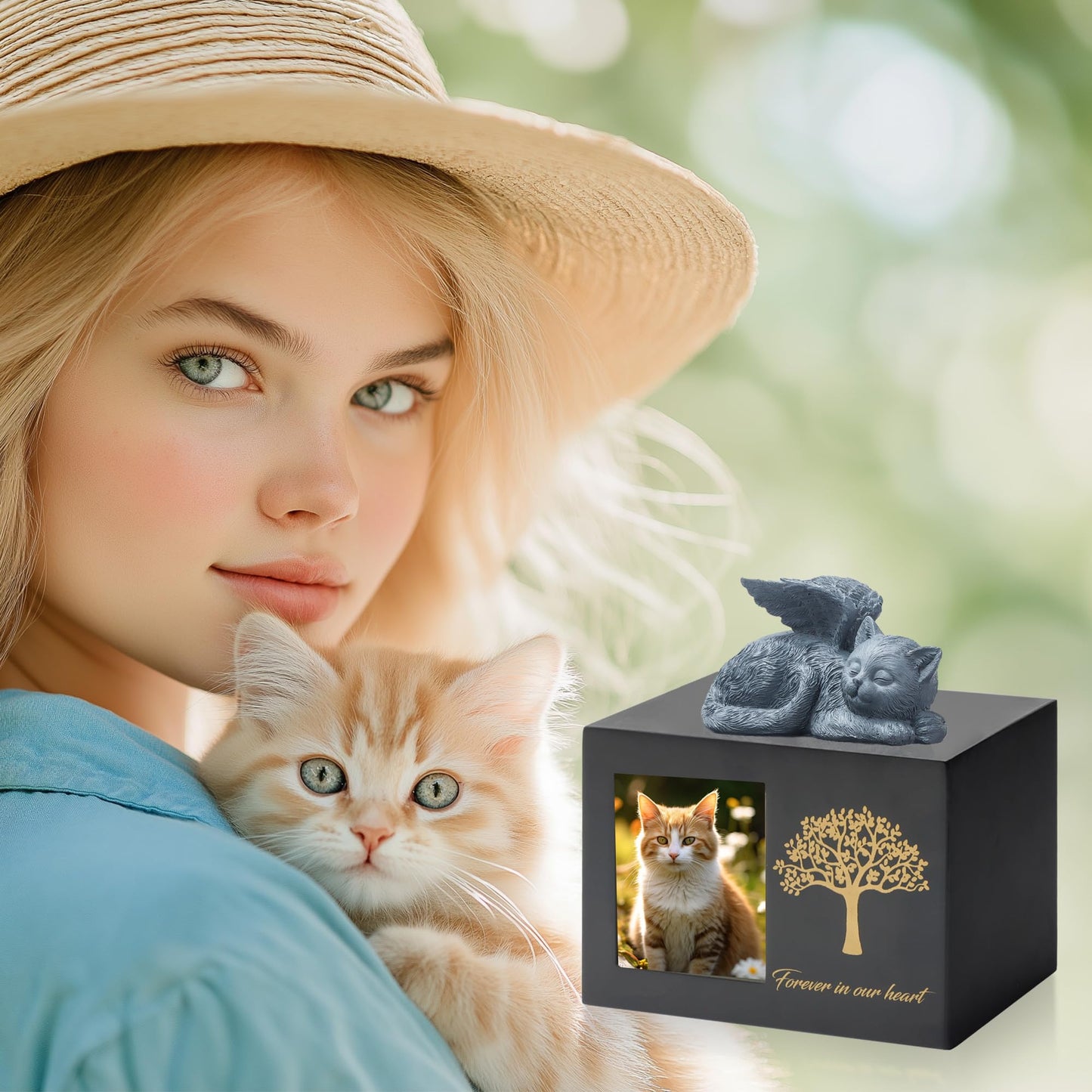 DiDiBirDi Pet Urns for Cats, Tree Pattern Wooden Keepsake with Photo Frame, Pet Ashes Keepsake Memory Box with Resin Animal Statue and Sealed Storage Bags (75lbs)（Black）