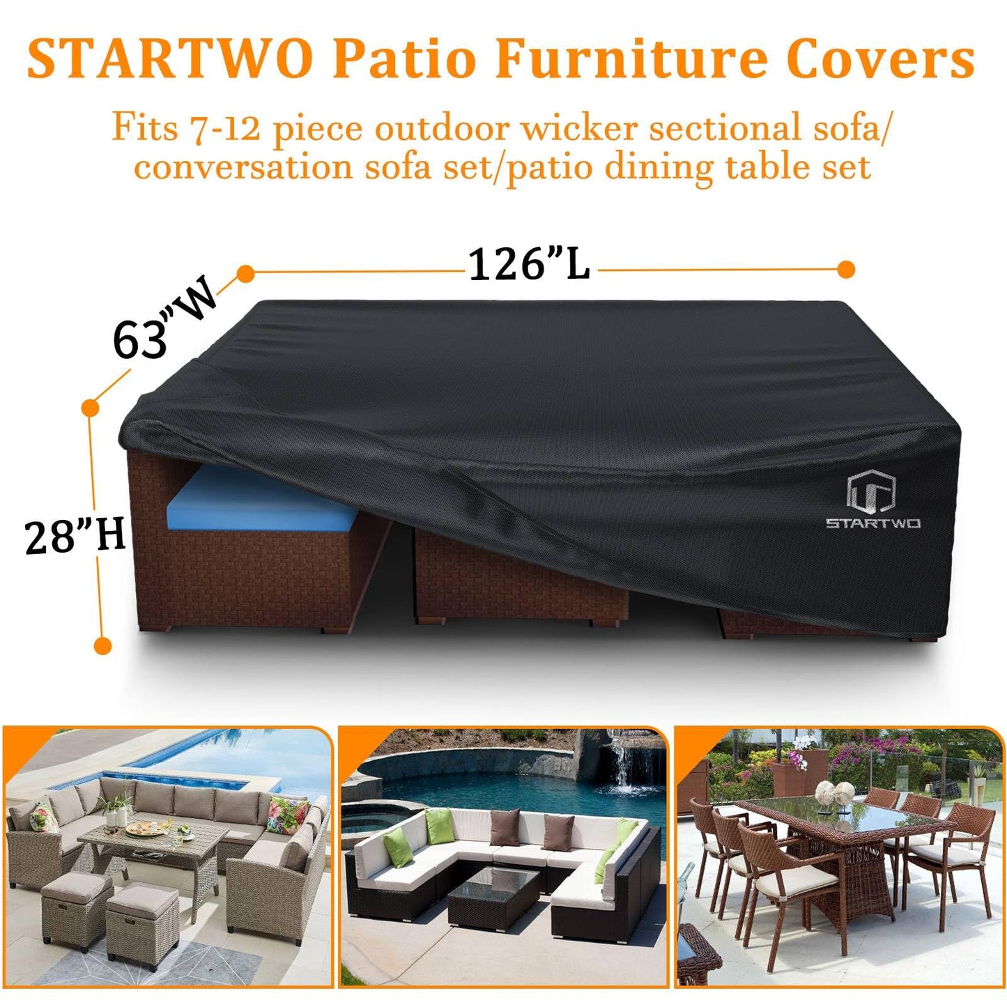 STARTWO Patio Furniture Covers, Heavy Duty Waterproof Outdoor Furniture Covers for 7-9 Pieces Sectional Sofa,8-12 Seats Table Chairs,Windproof Buckles, UV Protection Anti-Fading
