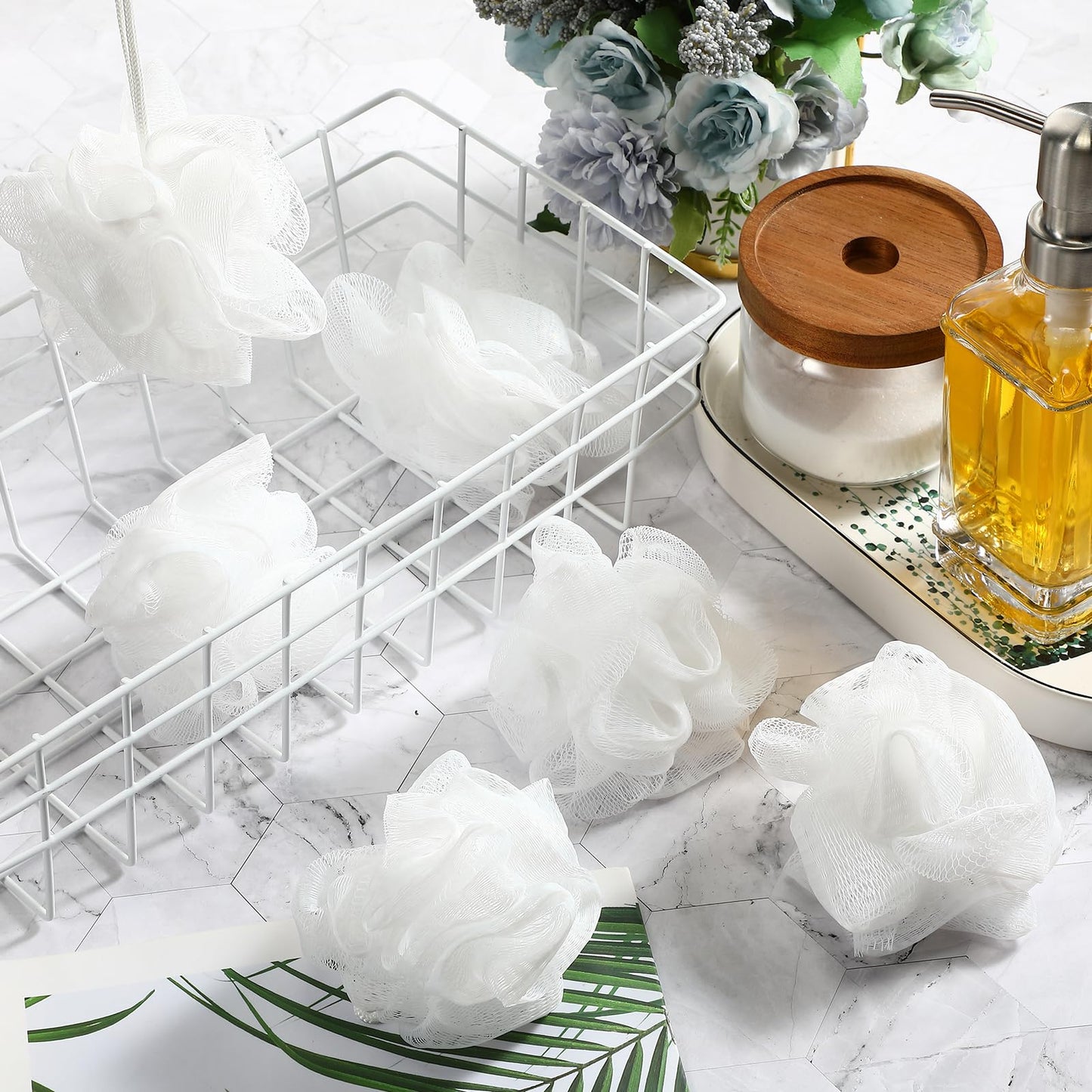 Suttmin 50 Pcs Loofah Sponge Bulk Mini Shower Sponge 3 Inch Loofahs Shower Pouf Mesh Shower Ball for Women Kids Men Exfoliating Bath Scrubber Travel Size Shower Gift(White)
