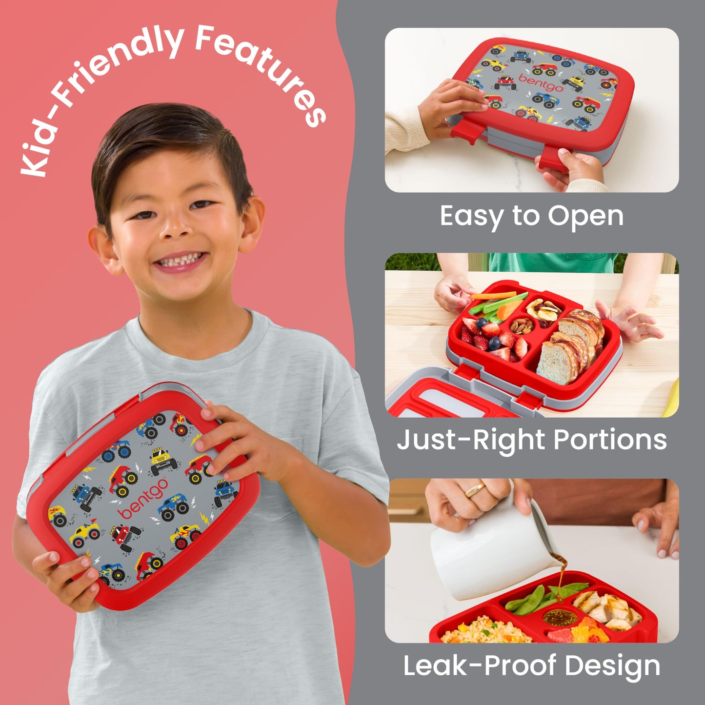 Bentgo Kids Prints Leak-Proof, 5-Compartment Bento-Style Kids Lunch Box - Ideal Portion Sizes for Ages 3 to 7 - BPA-Free, Dishwasher Safe, Food-Safe Materials - 2021 Collection (Trucks)