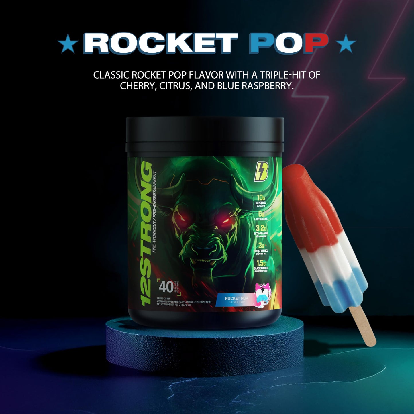 BULL Nutrition 12 STRONG – Pre-Workout Powder with Glycerol, L-Citrulline, Beta- Alanine, and Creatine Supplements for Muscle Growth and Increased Endurance, Strength, Focus, and Energy Output – Made in Canada – 40 Servings, 730 grams (730g, Rocket Pop)