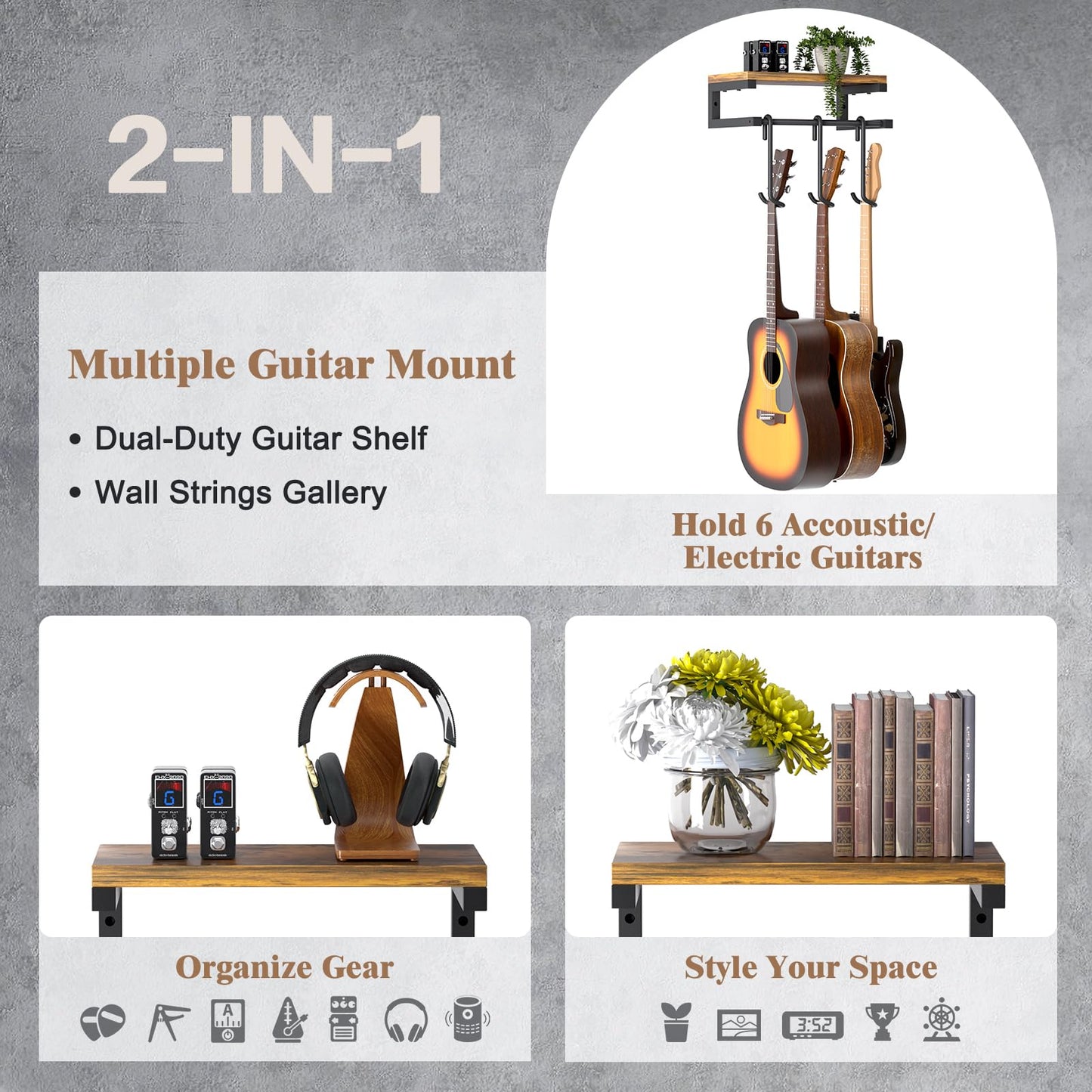 Guitar Wall Mount Hangers Holds 3 Guitars with Rustic Shelf, 3-Detachable Guitar Stand Hooks Universal Fit for Acoustic, Electric, Bass & Ukulele