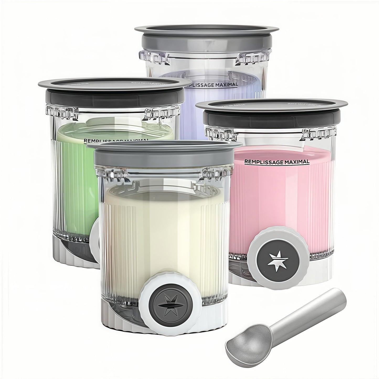 Replacement Pints and Lids (4 Pack) - Compatible with Ninja Swirl Creami NC700 Series Ice Cream Maker, BPA-Free, Dishwasher Safe (Includes Swirl Nozzles、Ice Cream soop)
