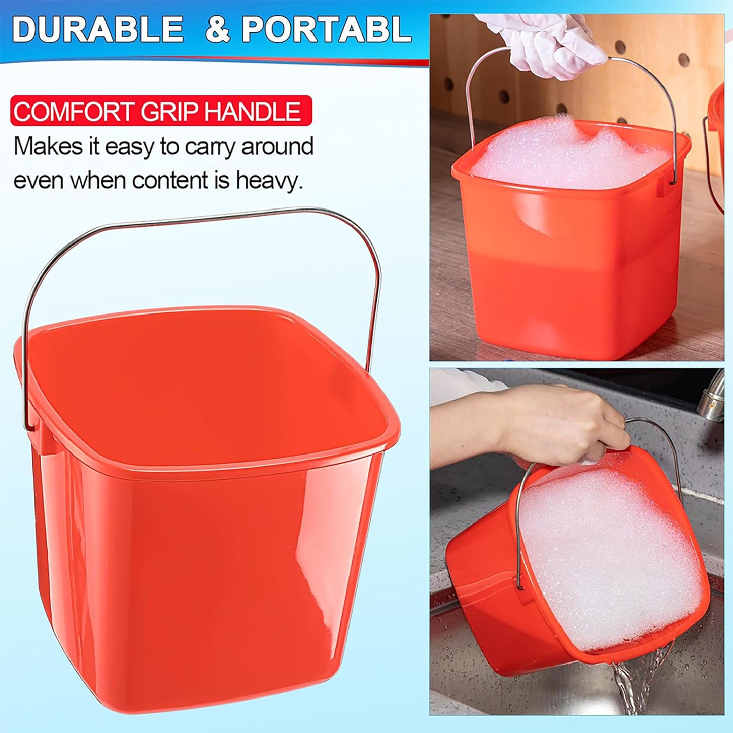 6 Pcs 3 Quart Small Square Plastic Cleaning Bucket with Handle - Red, for Home/Office/School/Commercial/Food Service Sanitizing