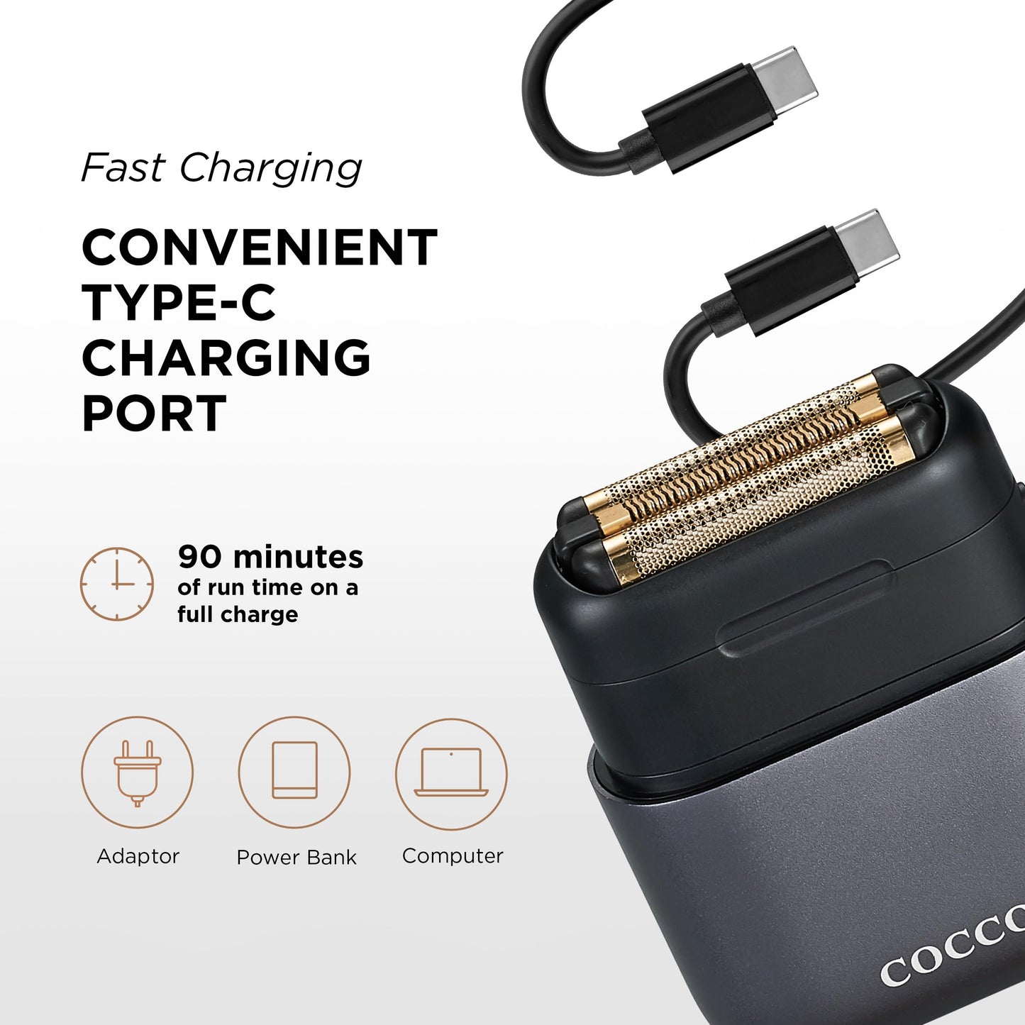 COCCO IMPACTO Shaver, Hygienic Gold Foil Triple Blade, Grey, Wet & Dry Use, Magnetic Replaceable Head, Intelligent Accelerator, 90 Min Run Time