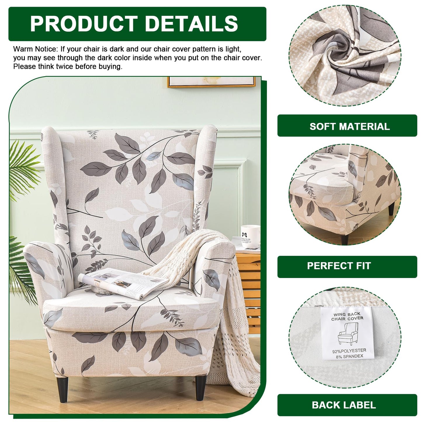 CRFATOP 2 Piece Stretch Wingback Chair Slipcover Printed Wing Chair Covers Polyester Fabric Wingback Armchair Covers Furniture Protector with Elastic Bottom for Living Room Bedroom Wingback Chair,02
