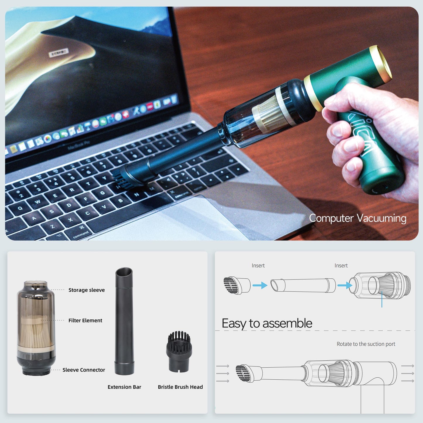 [Combo] KiCA Jetfan 2.0 Electric Air Duster+Vacuum Accessory for Computer/Keyboard/House Cleaning/Camera Lens/Camping/BBQ/Car/Barbershop,100000RPM,Two Nozzle/Long Battery,Air Can Substitute Tool-Grey