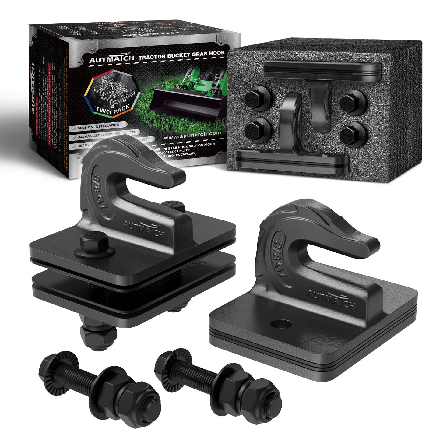 AUTMATCH Tractor Bucket Grab Hook 3/8" (2 Pack) - Grade 70 Forged Steel Bolt On Grab Hook Tow Hooks Mount with Backer Plate & Rubber Pads, Max 18,000Lbs Work for Loader, Tractor Bucket, Gunmetal Gray