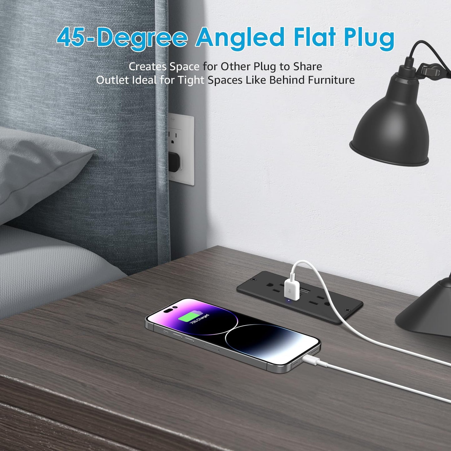5 in 1 Recessed Power Strip Flat Plug, 20W Fast Charging Furniture Outlet with USB, 2 USB Ports 1 USB-C, 6ft Power Cord.