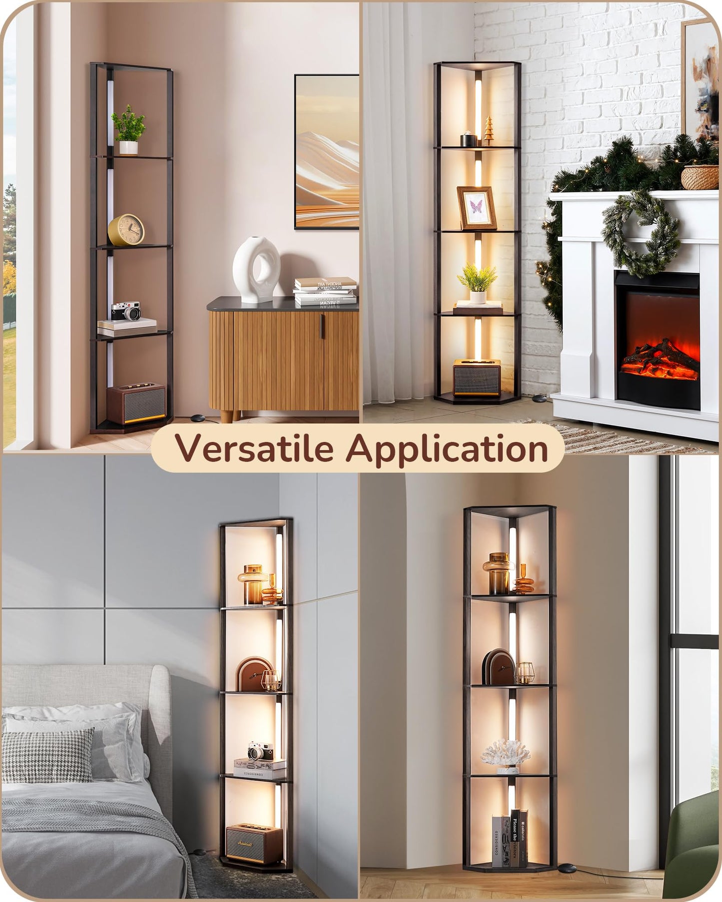 EDISHINE 64" Corner Shelf Floor Lamp for Living Room, Modern LED Corner Light with Shelves, 3CCT, Stepless Dimmable Tall Floor Light for Bedroom, Office, Dining Room, 3000K 4000K 5000K, Black Walnut