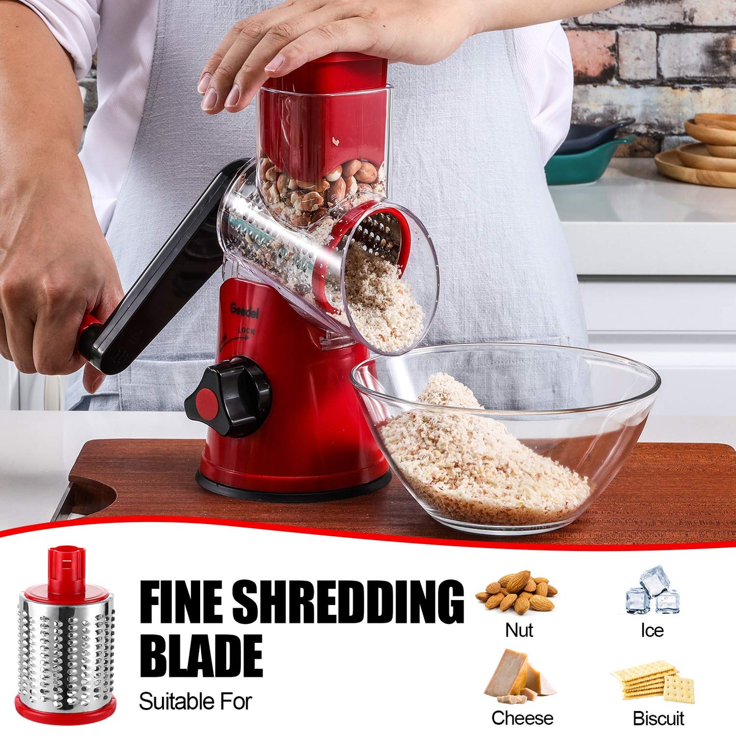 Geedel Kitchen Cheese Grater, Rotary Mandoline Vegetable Slicer with Interchangeable Blades, Easy to Use Rotary Grater Slicer for Fruit, Vegetables, Nuts