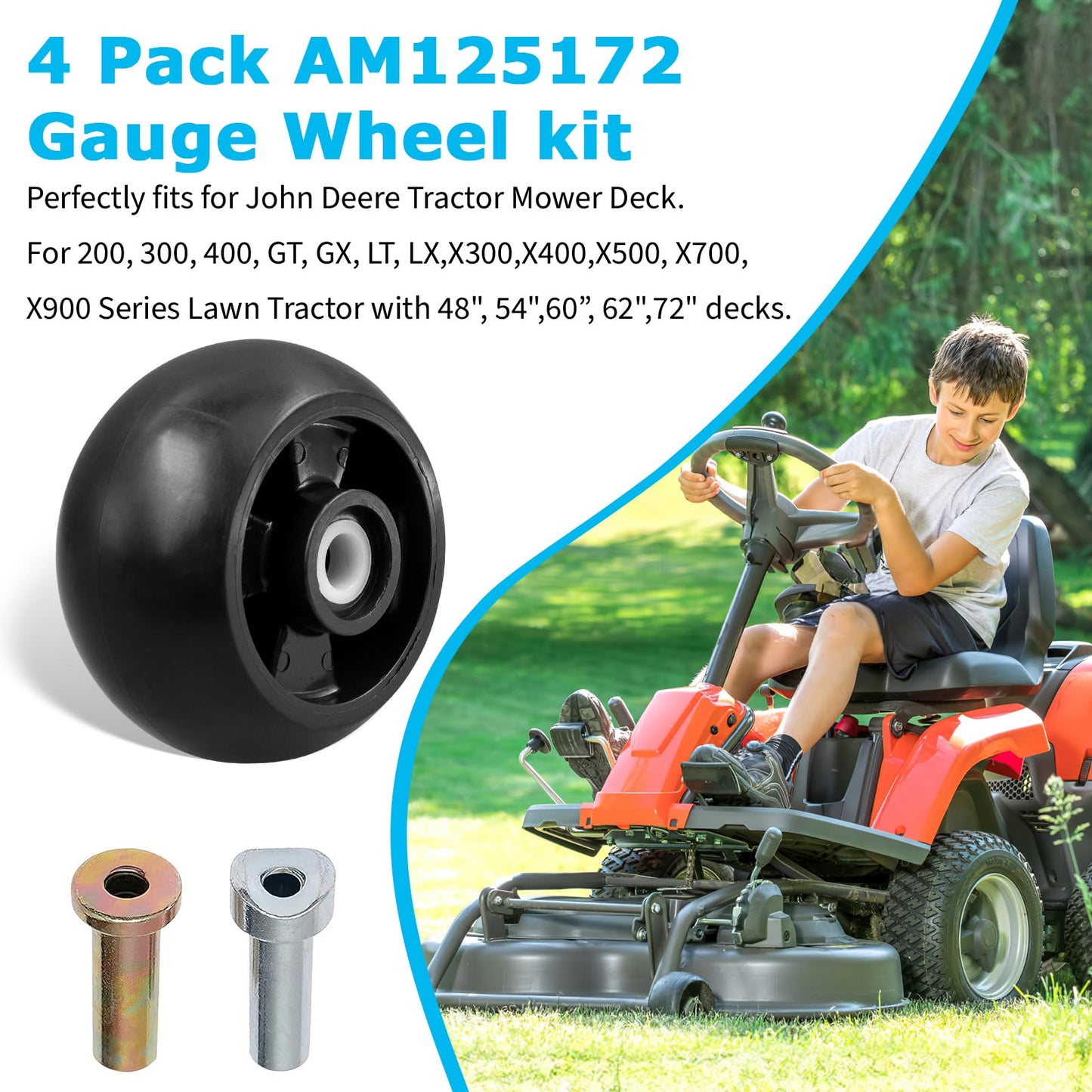 4 Pack Deck Gauge Wheel Kit for John Deere Lawn Tractors, Deck Lawn Mowers Wheel Replace Part - Compatible with 48", 54", 60", 62", 72" Decks - Replaces AM125172, AM124706, 210-300