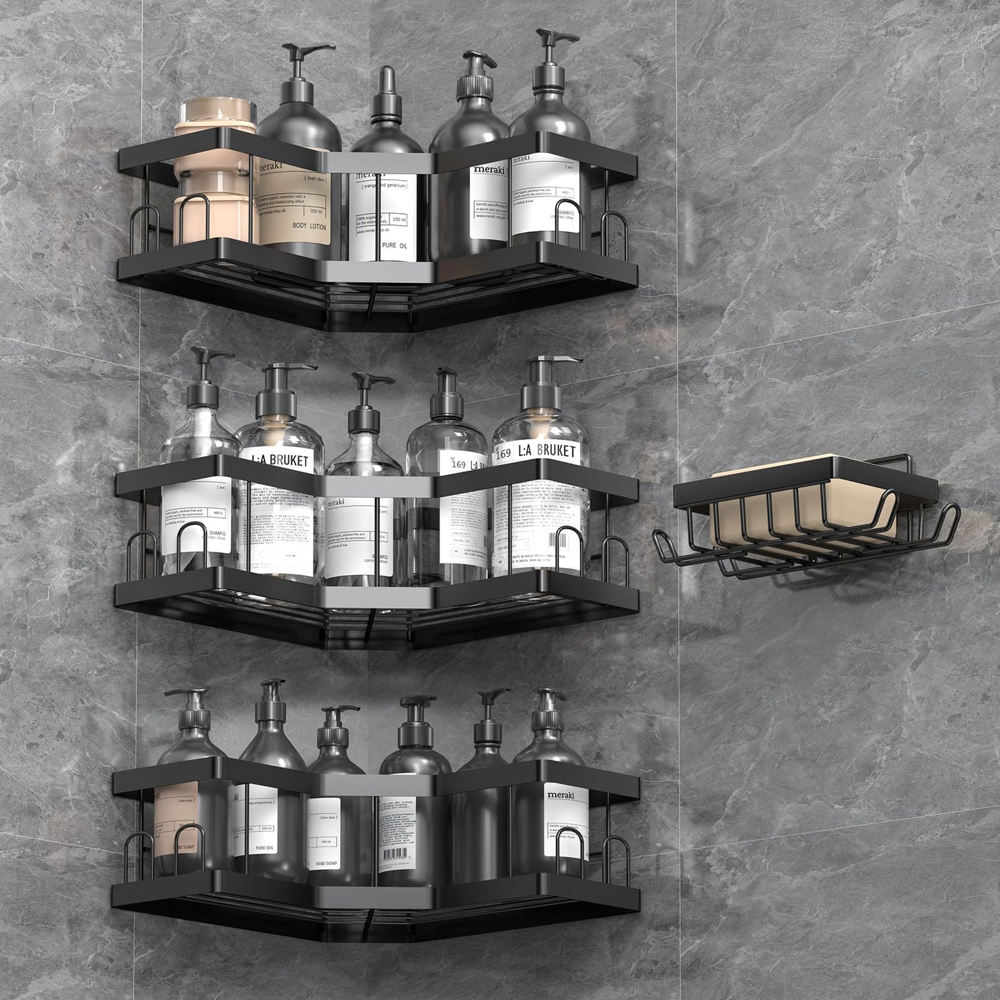 Shower Caddy, 5 Pack Bathroom Shelves, Adhesive Shower Shelf No Drilling, Black Shower Storage, Shower Organiser, Rust-Resistant Shower Caddy Corner, Soap Holder, Bathroom Accessory
