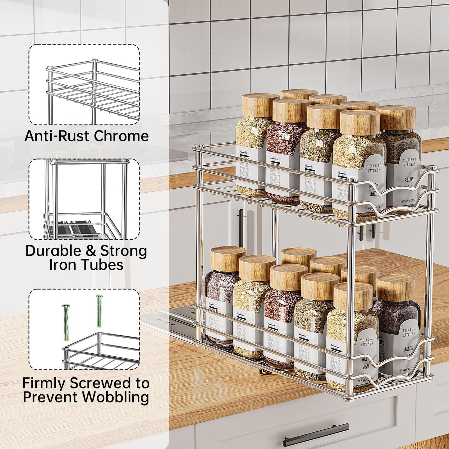 PanPanPal Pull Out Spice Rack Organizer for Inside Cabinet, 2 Tier Slide Out Spice Organization for Cabinet, Chrome Vertical Sliding Seasoning Organizer, 4.9''Wx10.4''Dx9.57''H