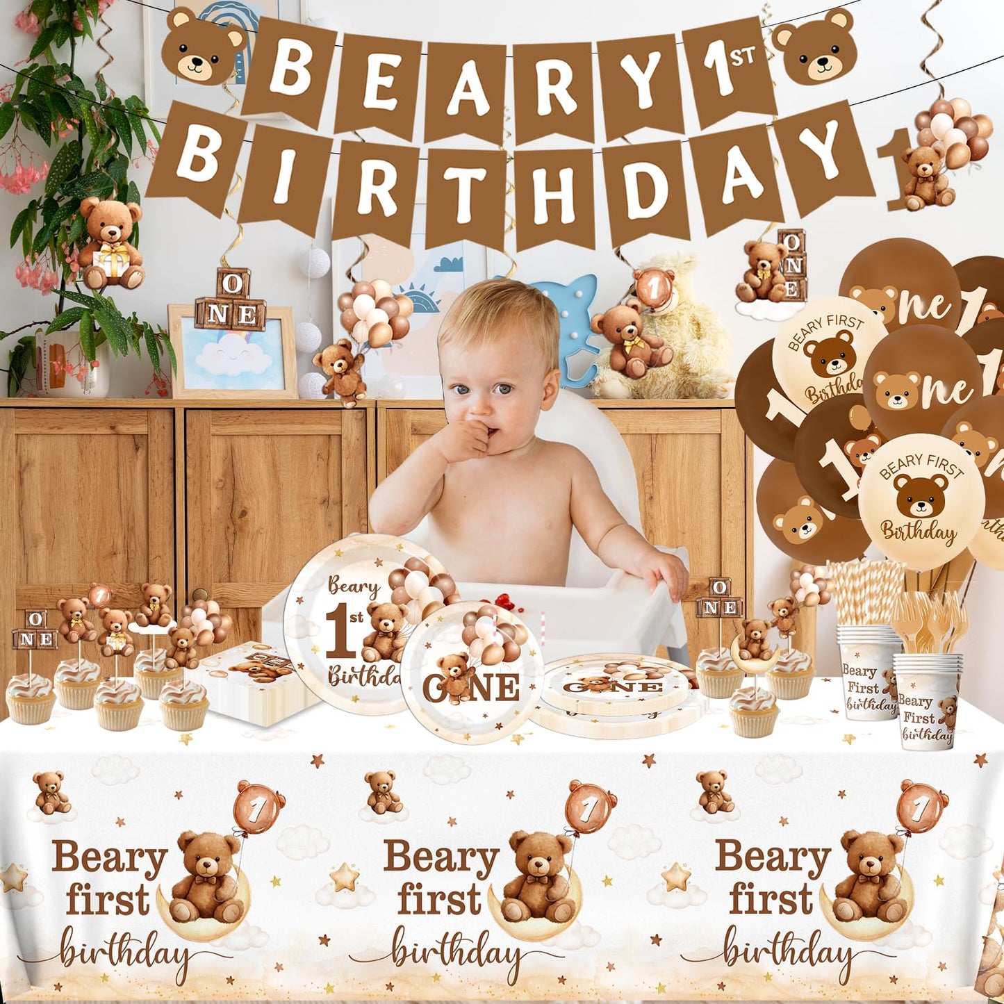 189Pcs Beary First Birthday Party Decorations for Boy,Brown Beary 1st Birthday Theme Tableware Teddy Bear One Year Old Disposable Plates Napkin Tablecloth Spiral Banner Balloon Cake Topper,Serve 24