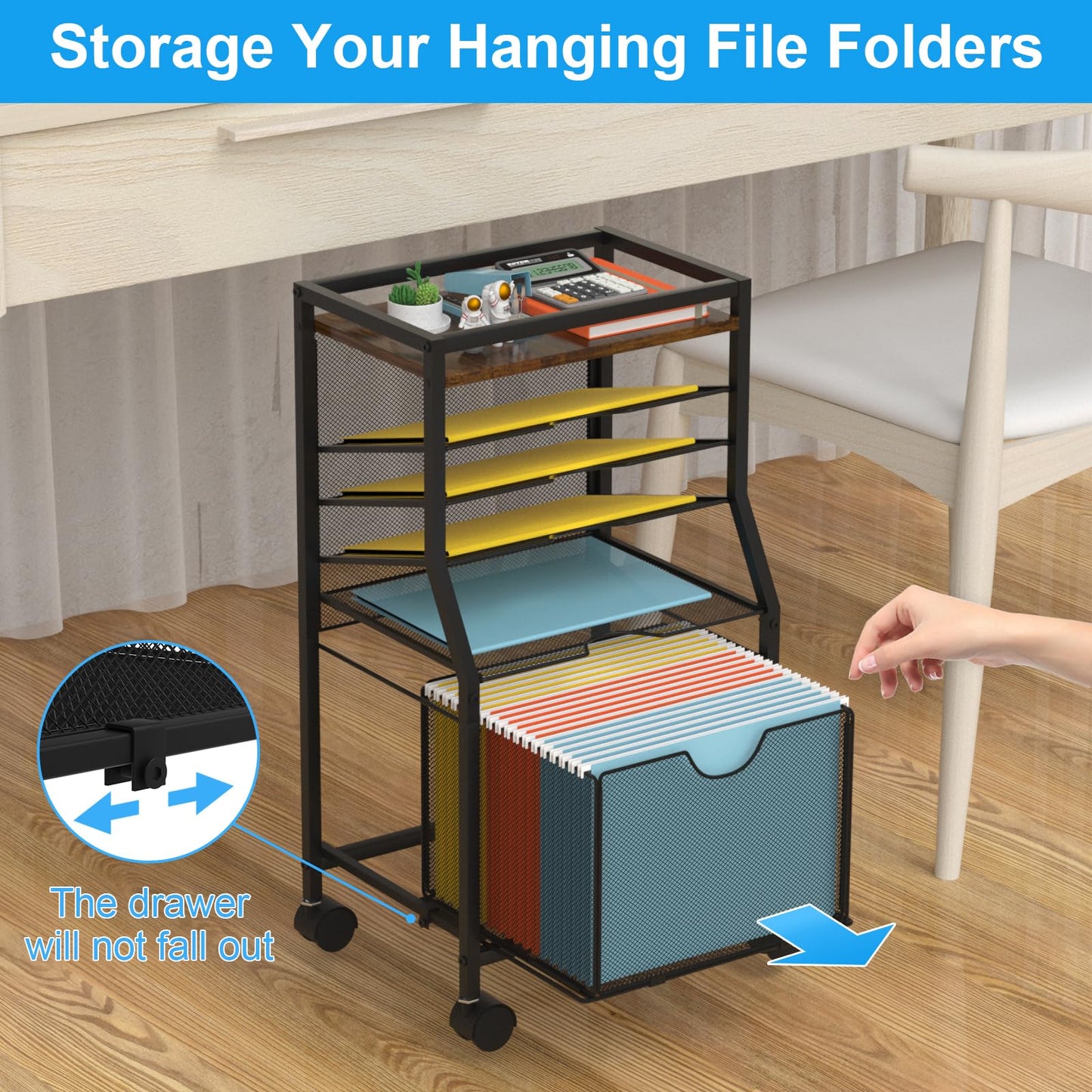 BOHDK Rolling File Cart, 6-Tier Under Desk Organizer on Lockable Wheels, Brown Wood Planks & Mesh File Cart with Sliding Drawer and Paper Trays for Office Home School, Brown Board