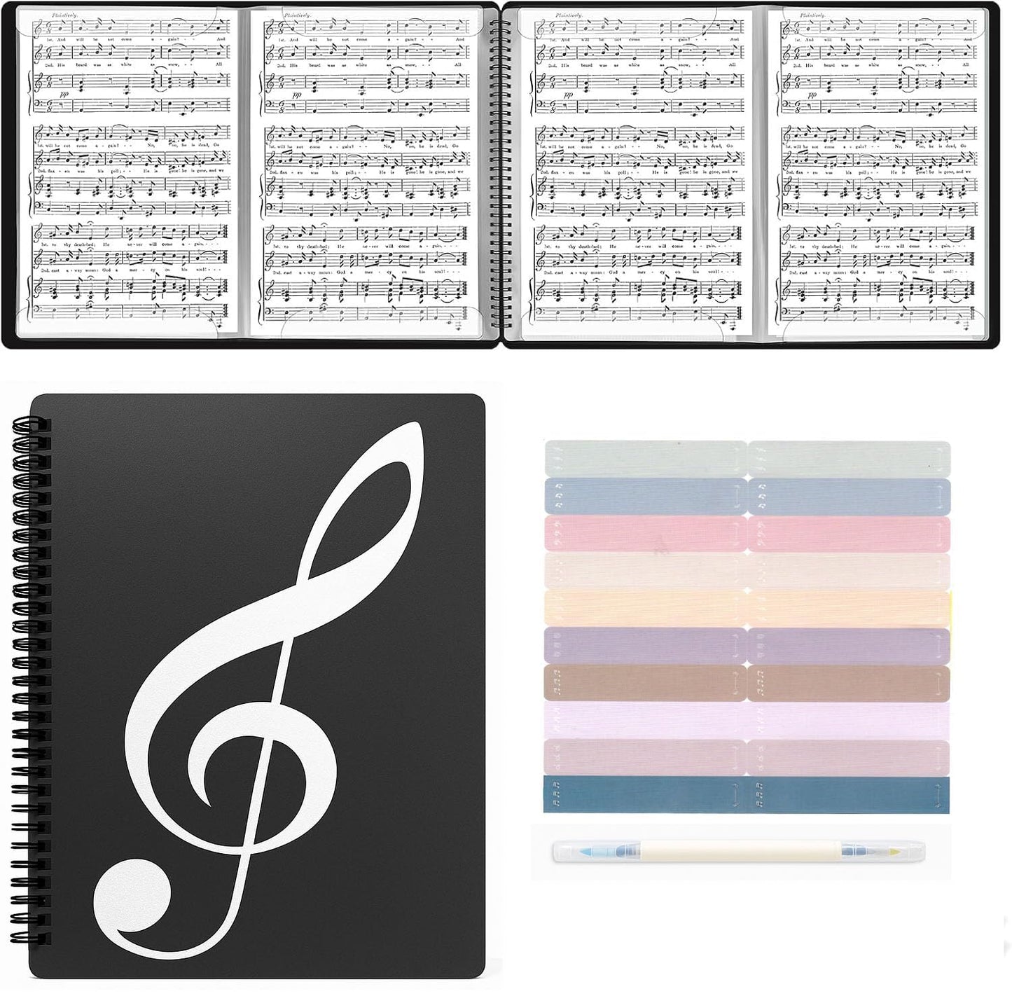 AllMyHomy 4-Page Expandable Sheet Music Folder, Tri-Fold Music Binder for Letter Size 8.5 x 11 & A4, 30 Sleeves/60 Pages, for Piano, Violin, Band & Orchestra, Black