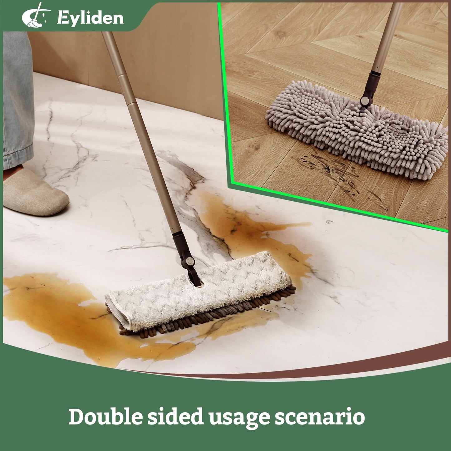 Eyliden Dual-Sided Flip Mop - One Side for Scrubbing, One Side for Dusting - Microfiber Flat Dust Mop with 2 Washable Mop Pads, Wet Dry Mops for Hardwood Tile Laminate Ceramic Marble Floor Cleaning