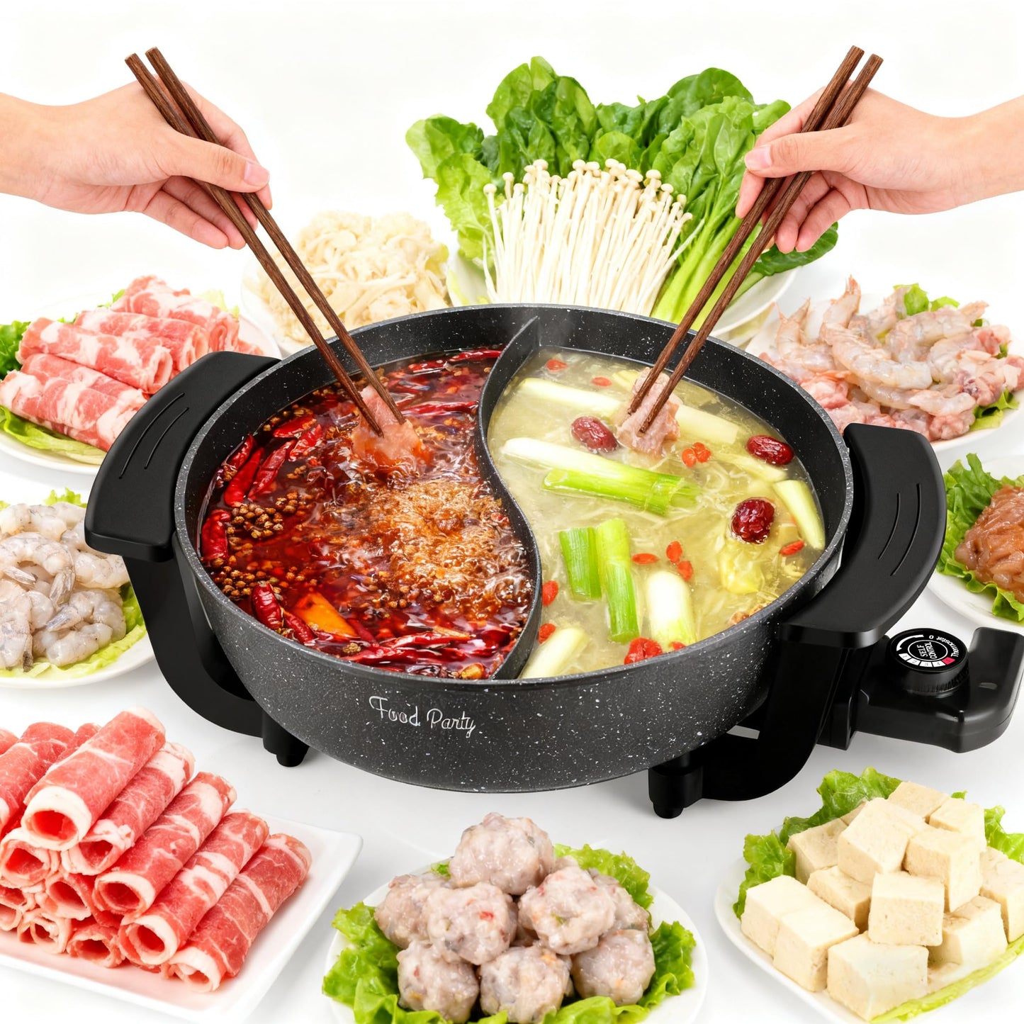 Food Party Hot Pot Electric Hotpot with Divider Shabu Shabu Hot Pot Non-Stick 6-Quart Large Chinese Pot Korean